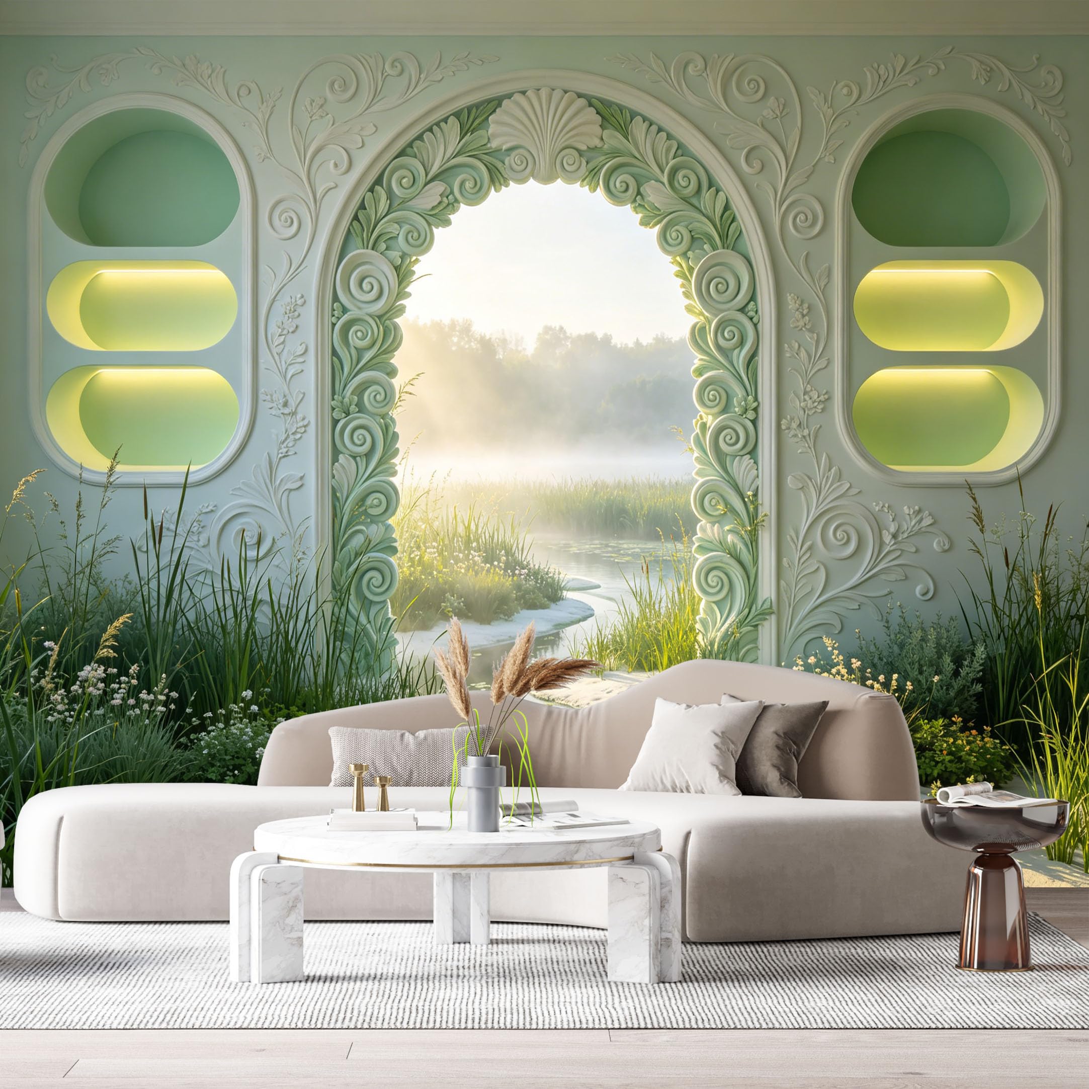 Custom Size Wall Murals Neoclassical Landscape Pastel Archway Stream Marshland 3D Trompe L'Oeil SelfAdhesiveWall Fabric Removable Wallpaper Wall Decor for Living Room Bedroom Bathroom