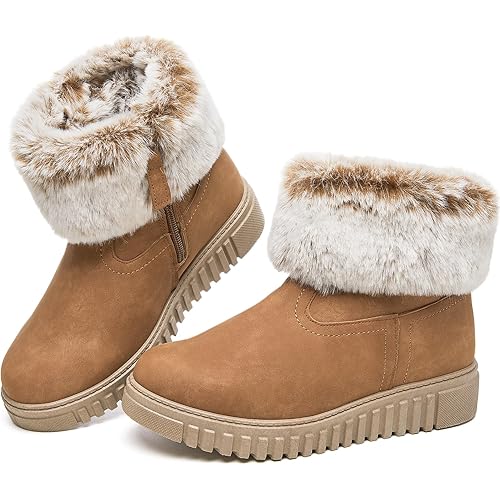 BENPAO Women's Winter Boots Fuzzy Snow Boots for Women Mini Short PU Leather Boots Warm Fur Lined Boots Waterproof Ankle Booties with Zipper