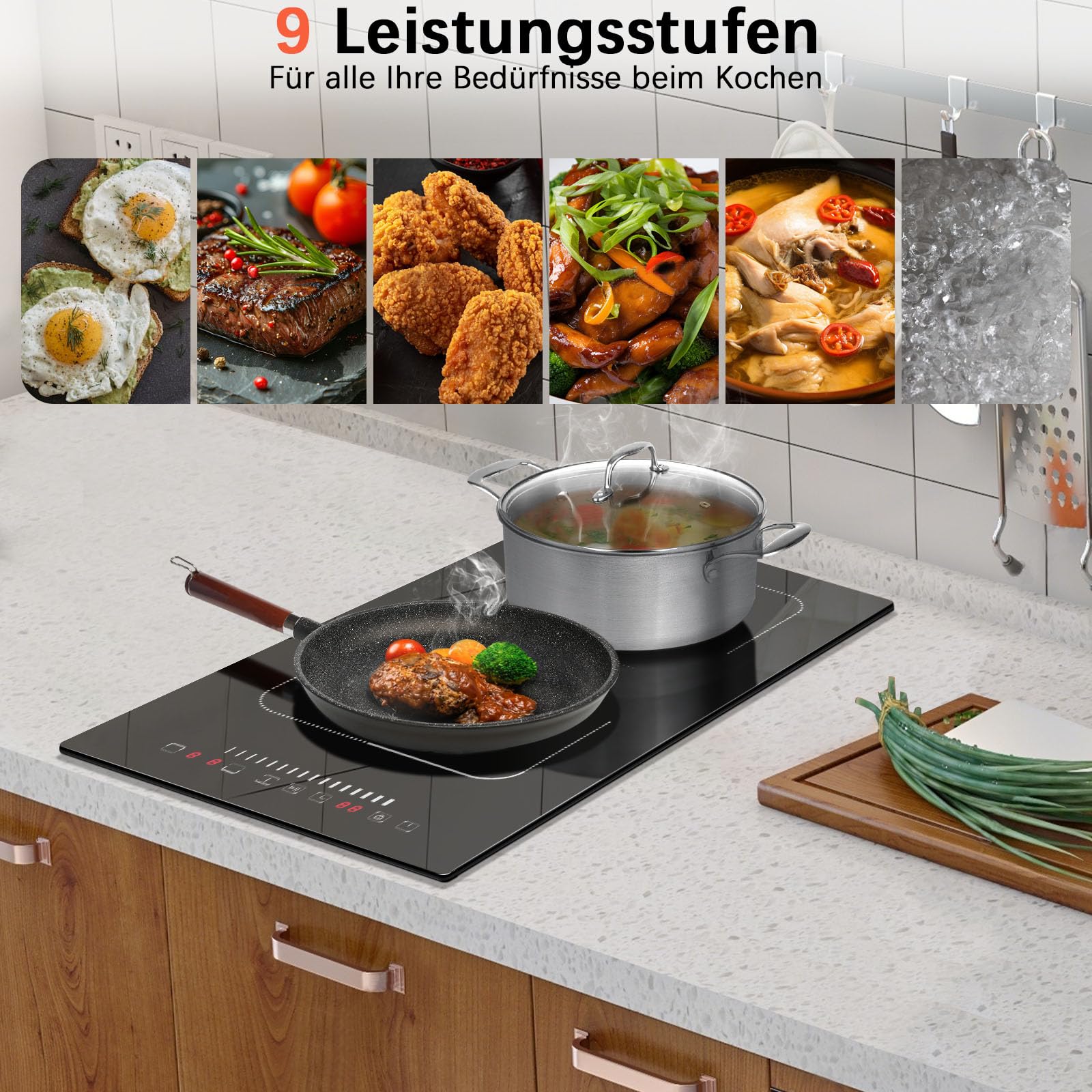 Karinear Induktionskochfeld 2 Platten Einbau,Flexzonen mit Stecker, 3500W | Mobiles Induktion Kochfeld 2 Platten Freistehend, Touch-Bedienung, 9 Leistungsstufen, Timer, Kinderverriegelung, 220V