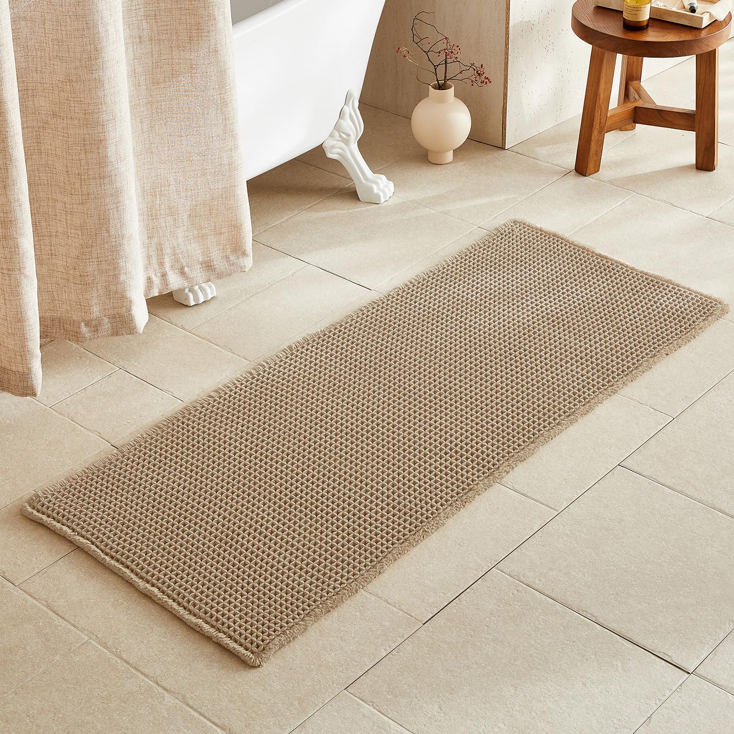 TYUU Waffle Runner Rug Bathroom, Long Boho Bathroom Rugs Non Slip Washable Super Absorbent Quick Dry Farmhouse Bath Decor, 60"x24" / 5'x2' Khaki