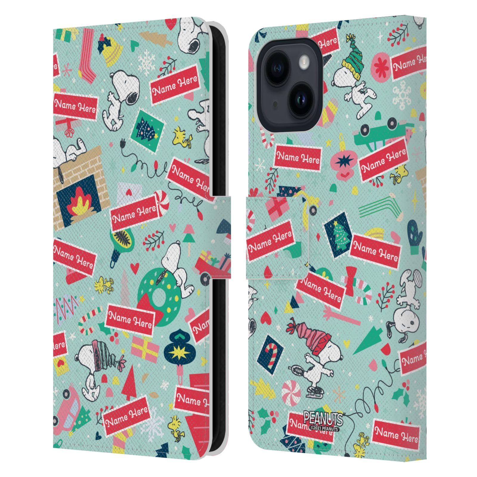 Coque portefeuille Peanuts iPhone 15 en cuir festif pour les fêtes