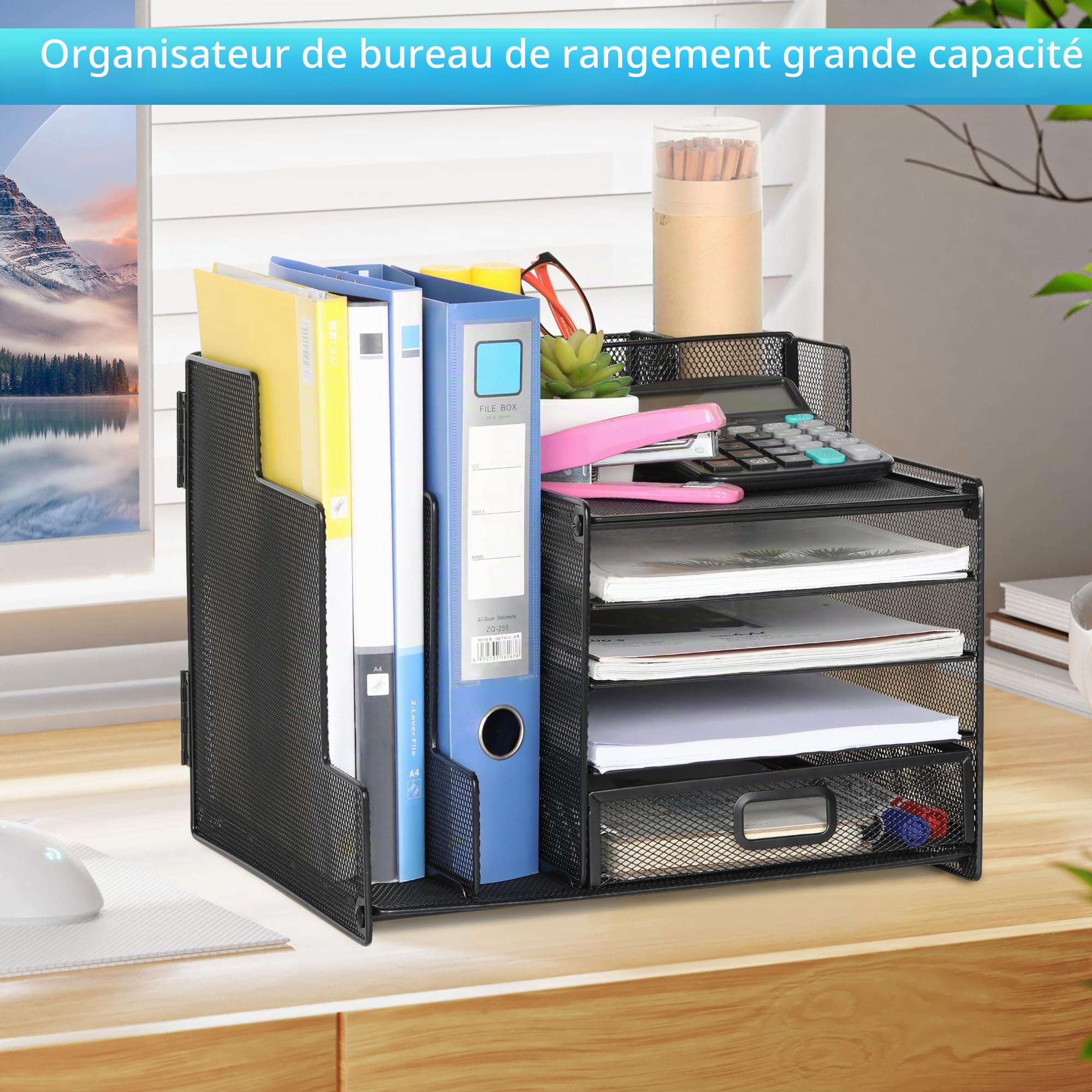 TQVAI Organiseur de bureau à 5 niveaux avec trieur vertical et bac à courrier Noir