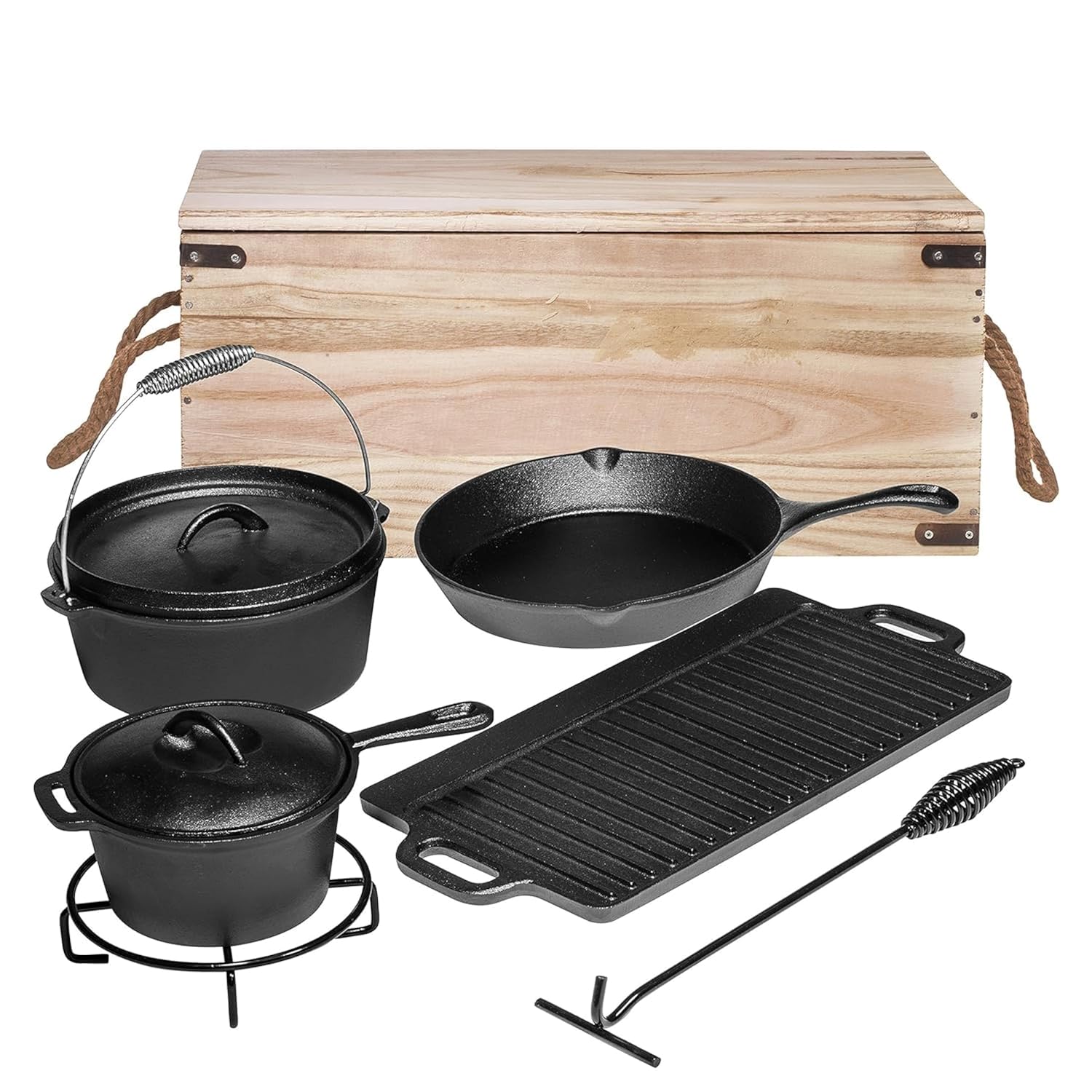 Bruntmor Camping Cooking Set of 7. Pre Seasoned Cast Iron Pots and Pans Dutch Oven with Lids for Outdoor Comefire. Grill Cookware Skillet Sets with Storage Box Bruntmor Camping Cooking Set of 7. Pre Seasoned Cast Iron Pots and Pans Dutch Oven with Lids for Outdoor Comefire. Grill Cookware Skillet Sets with Storage Box