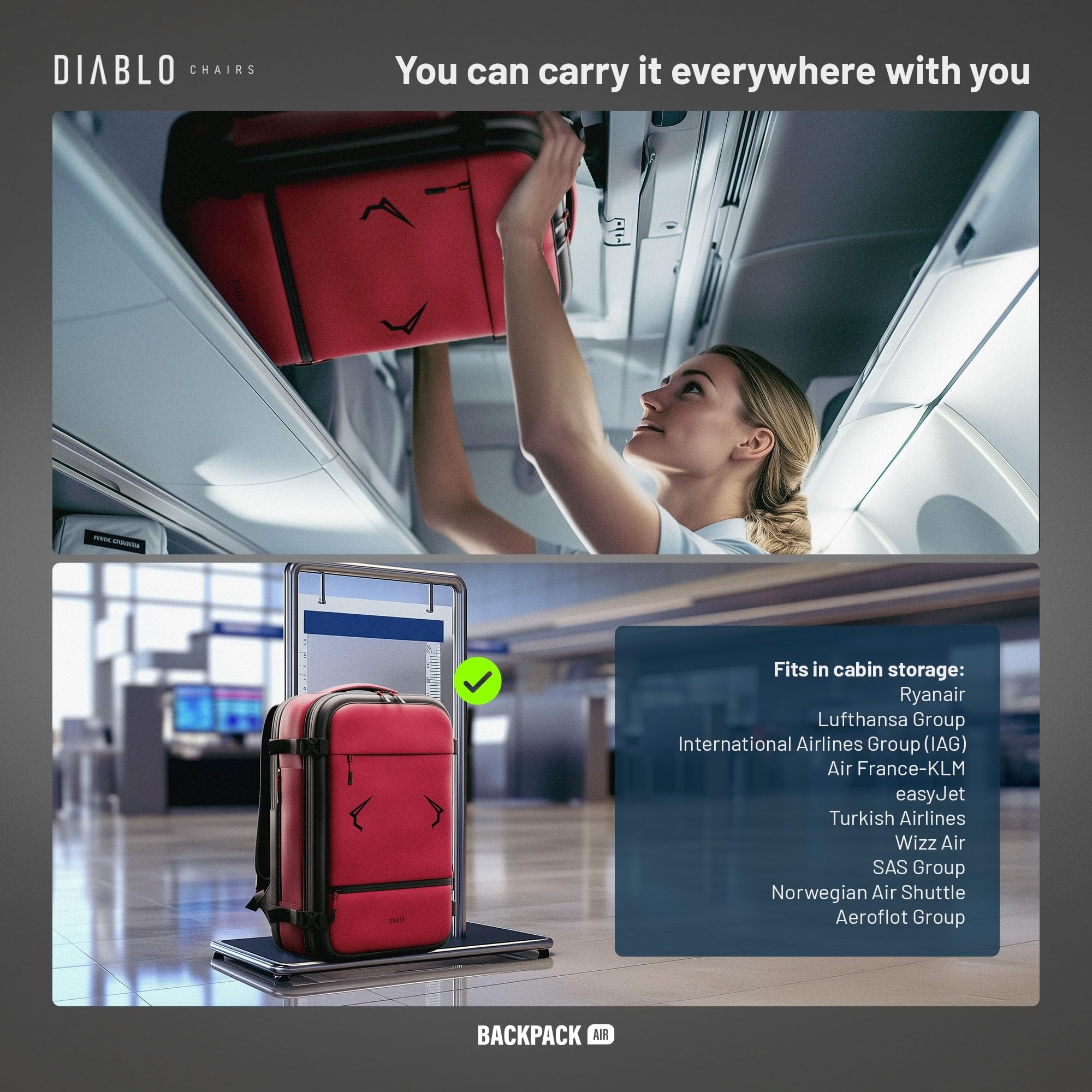Diablo Chairs Plecak Próżniowy Backpack Air Wodoodporny Plecak Podróżny z Komorą Próżniową Rozszerzającą Pojemność Antywłamaniowy Zamek Kieszeń na Laptopa 32x52x18 cm Czerwony