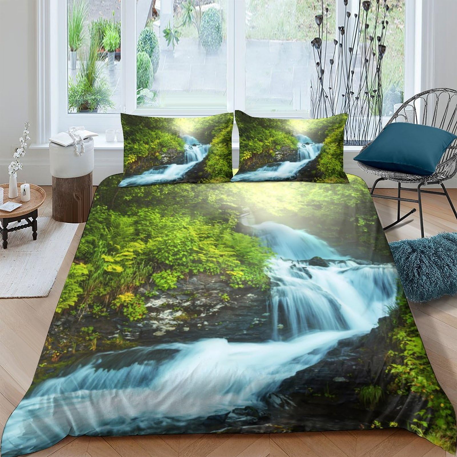 Ctjqhvkz Style-8 3D Printed Waterfall Forest Fitted Sheet Microfiber Soft Bed Cover For Bedroom Guest Room Mattress Protection Decor Single（135X200cm）
