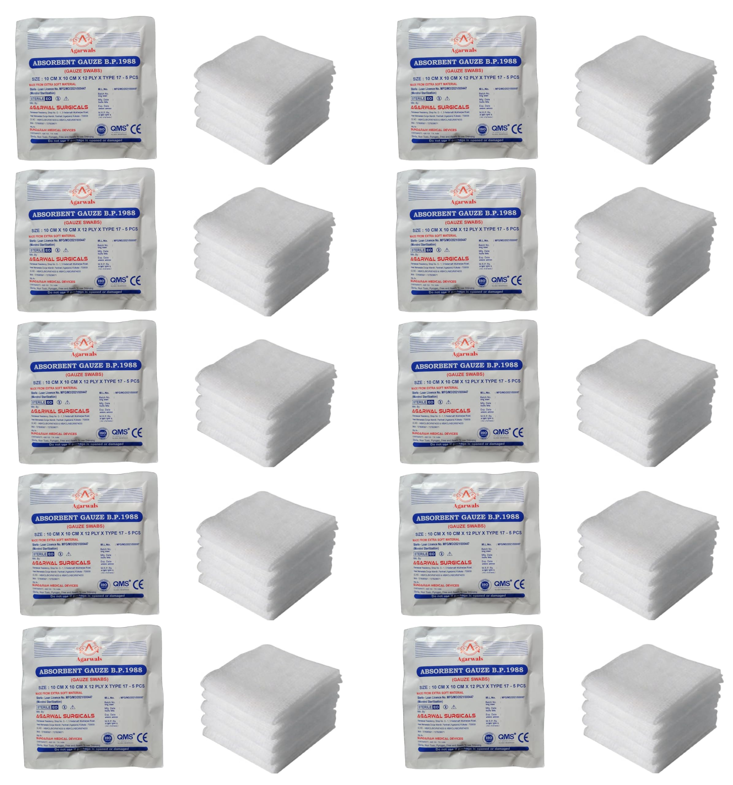 Agarwals Absorbent Gauze Swabs Sterile 10 cm X 10 cm X 12 ply (5Pcs/Pack)(Pack of 10 i.e. 50 Dressings)-image-27