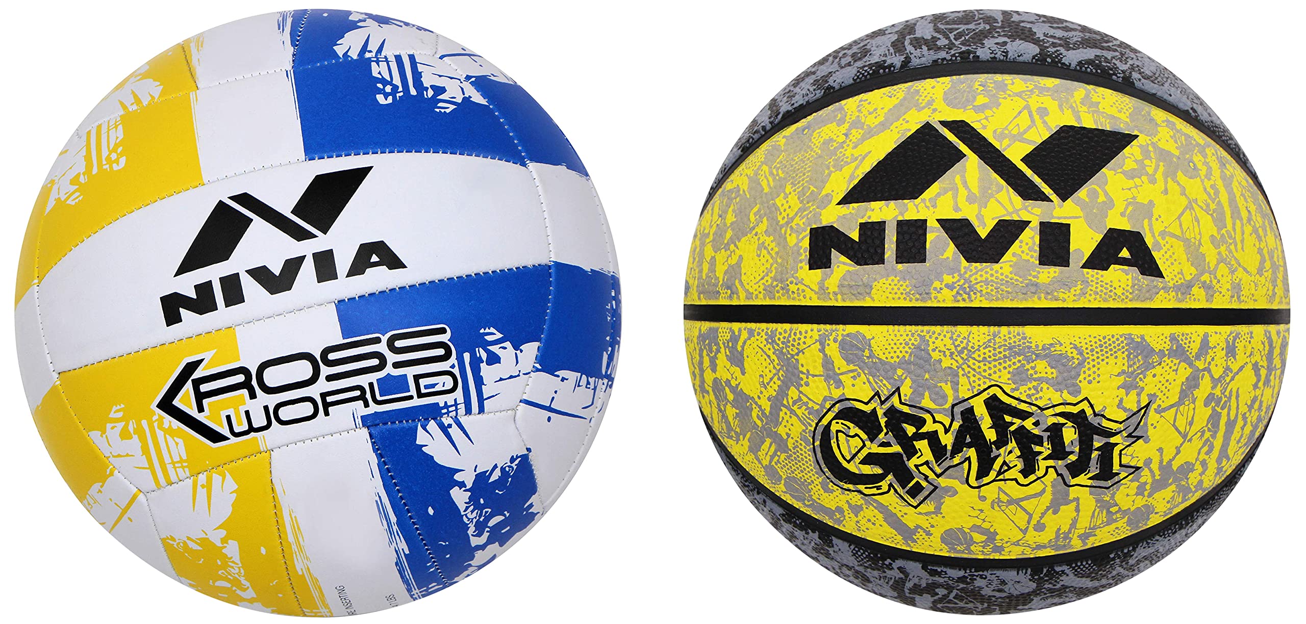 Nivia Kross Rubber Hand Stitched Volleyball, Size 4, (Yellow and Blue) & Graffiti Basketball - Size: 7 (Yellow) Material : Rubber (B09SG4RHJ6) Amazon Price History, Amazon Price Tracker