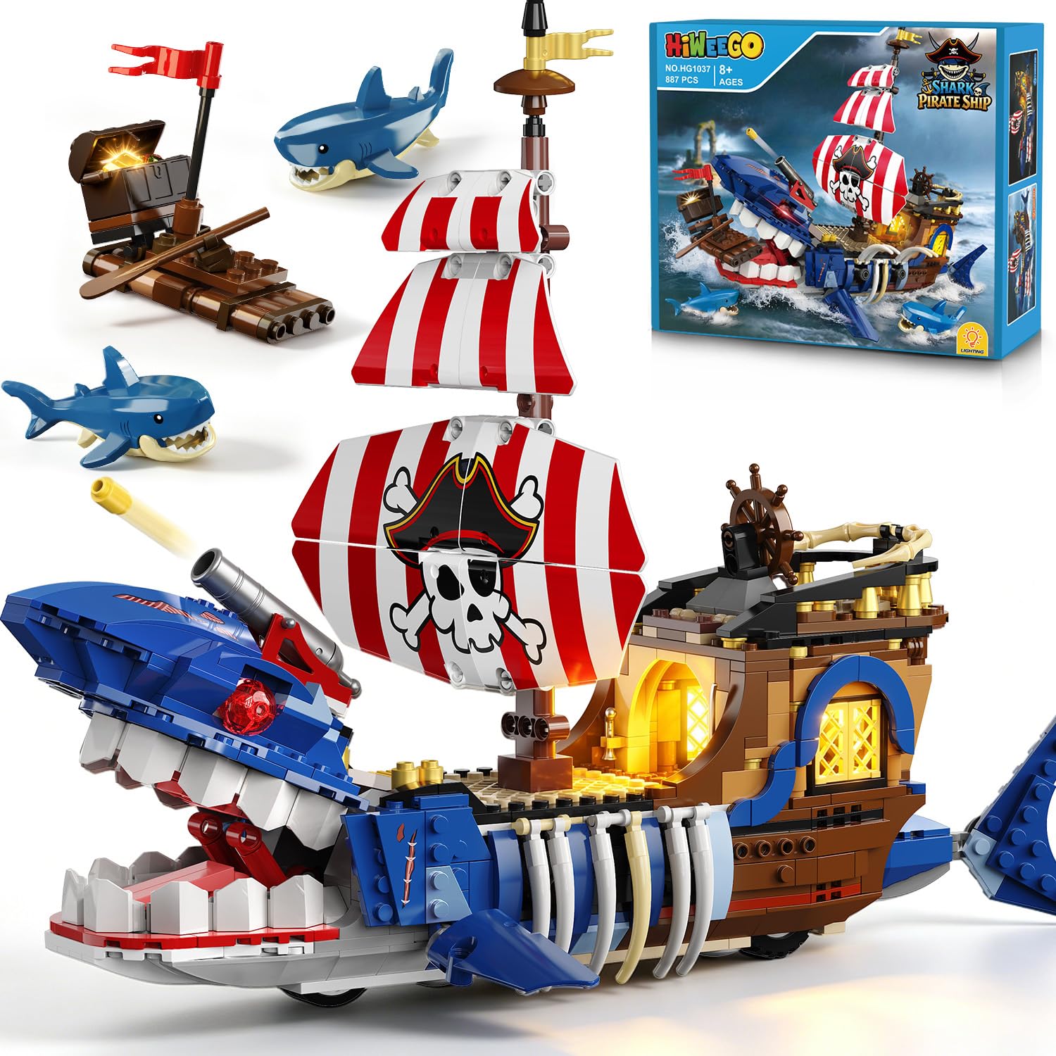 HiWEEGO Technik - Kit di costruzione a forma di nave pirata con luce LED, per bambini di 8 anni | 887 pezzi, oceano mobile, avventura, barca dei pirati, set di giocattoli con squalo, regalo per bambini da 8 a 12 anni in su