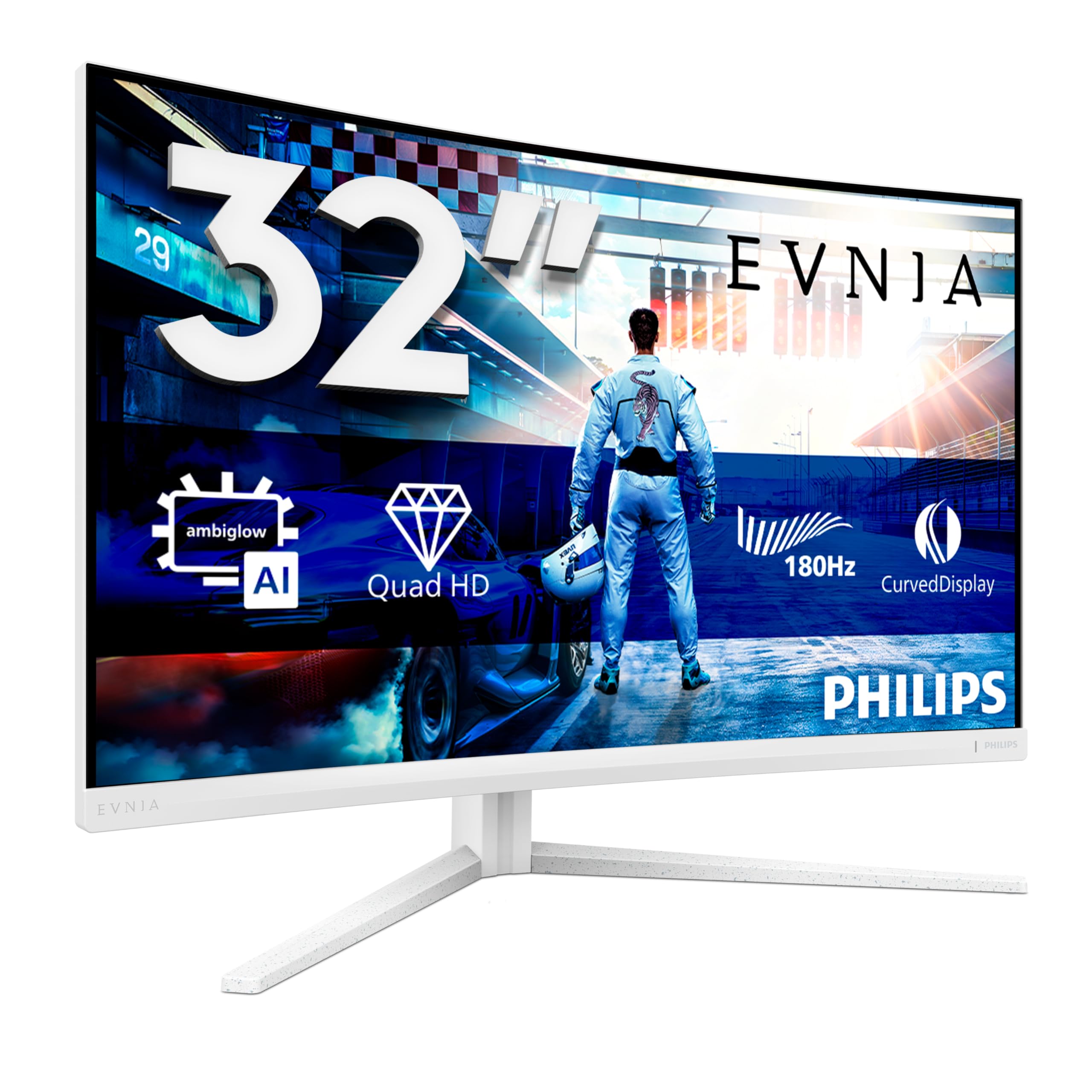 Philips Evnia 32M2C5501-32 Zoll Quad HD Curved Gaming Monitor, 180 Hz, 1 ms, FreeSync Premium, HDR10, Ambiglow (2560x1440, 2X HDMI 2.0, 1x DisplayPort 1.4) Weiss
