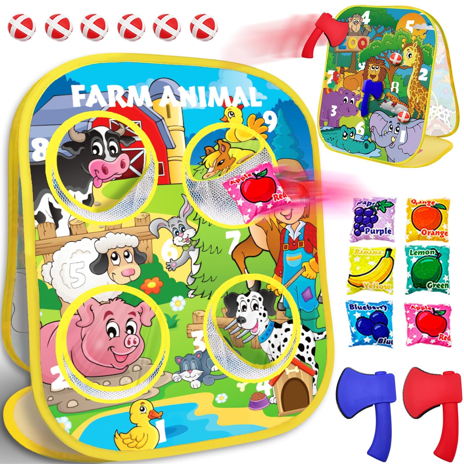 3-in-1 Farm Animal Bean Bag Toss Game for Kids Toddler Ages 3 4 5 Year Old, Cornhole Learning Toys Set for 3-5 Preschool Girls Boys, Outdoor Game Outside Toys in Backyard Lawn Party, Birthday Gifts