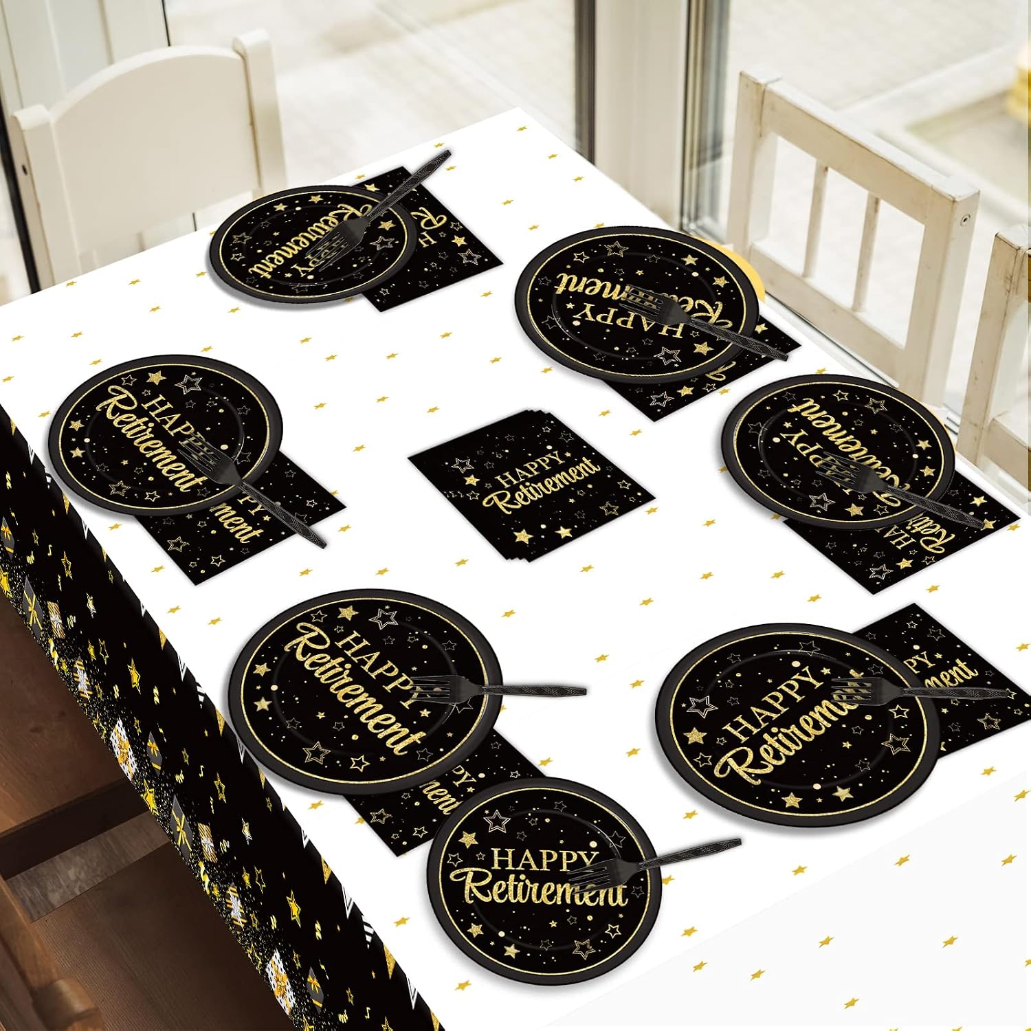 Wiooffen 24 Guests Happy Retirement Party Supplies, Black Gold Retirement Plates Napkins Tablecloth Forks Set for Man and Woman, Disposable Tableware Graduations Party Decorations Favors