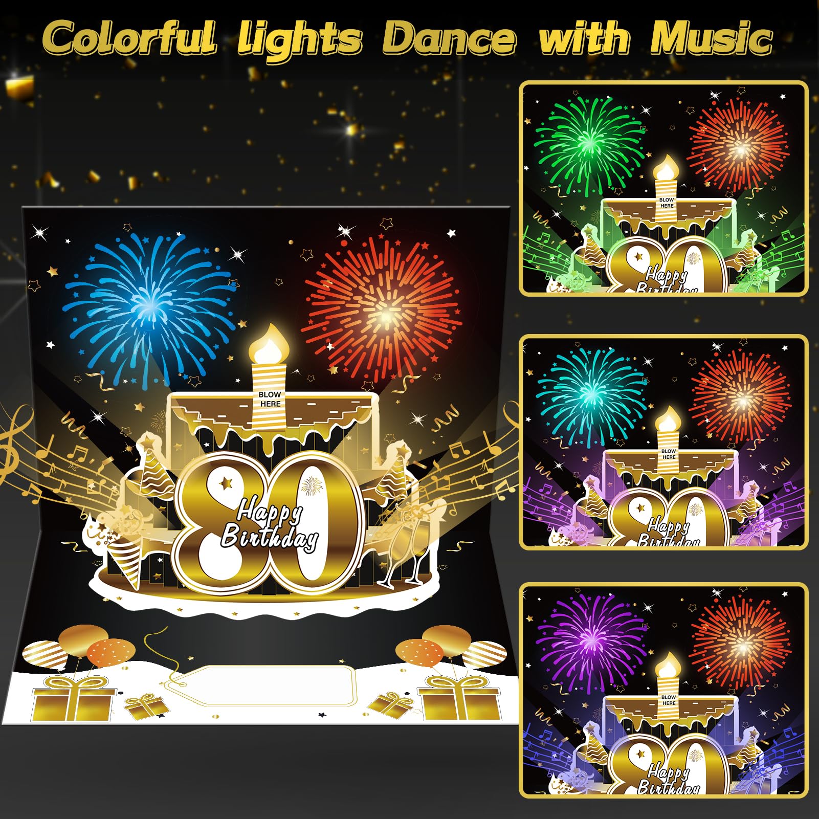 Turypaty 80th Birthday Cards Pop Up 3D Cake - Firework & Music - View #7