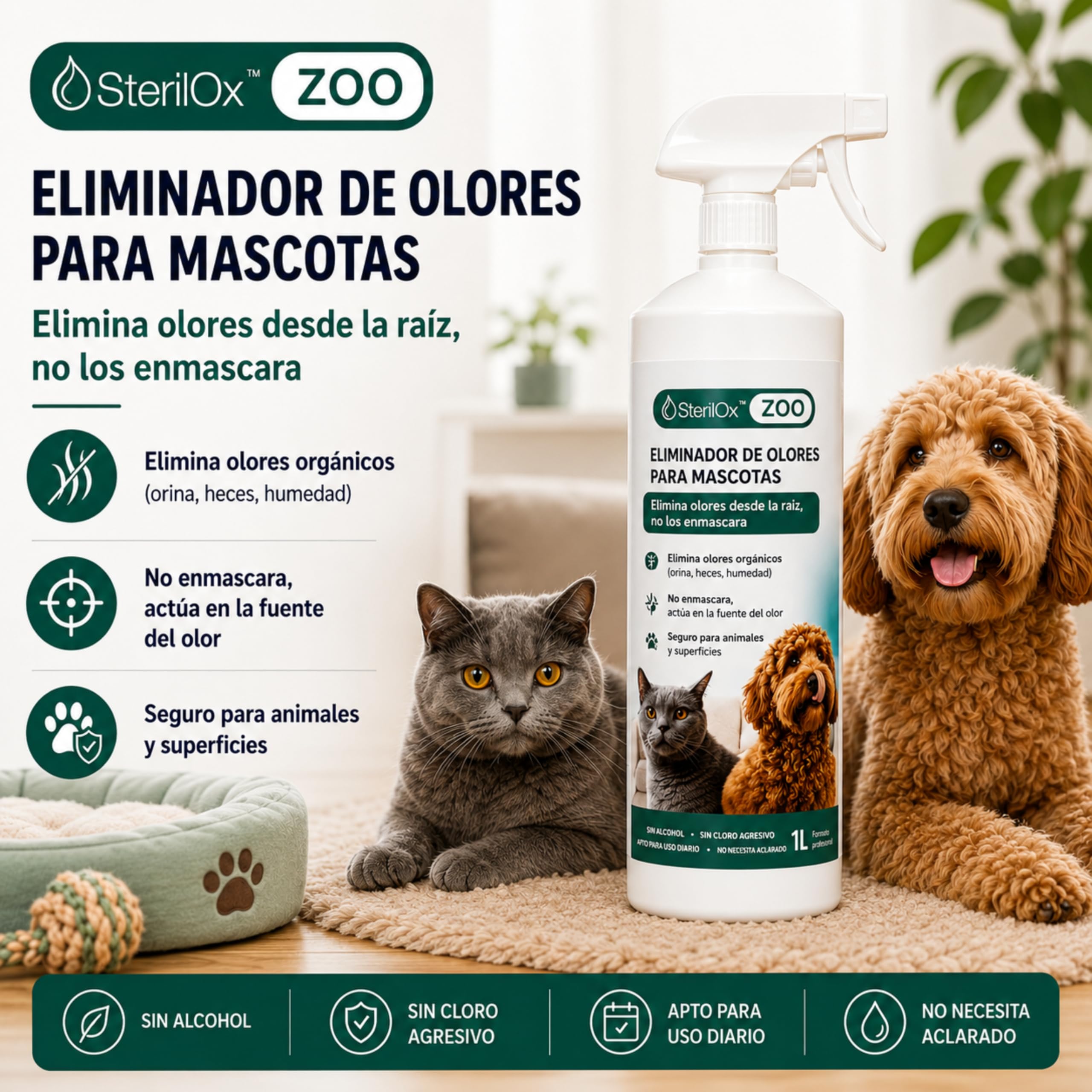 ZOO Eliminador de Olores para Perros y Gatos Sin Alcohol 1 L | Neutraliza olores de orina y mascotas en el hogar. Seguro para perros y gatos.
