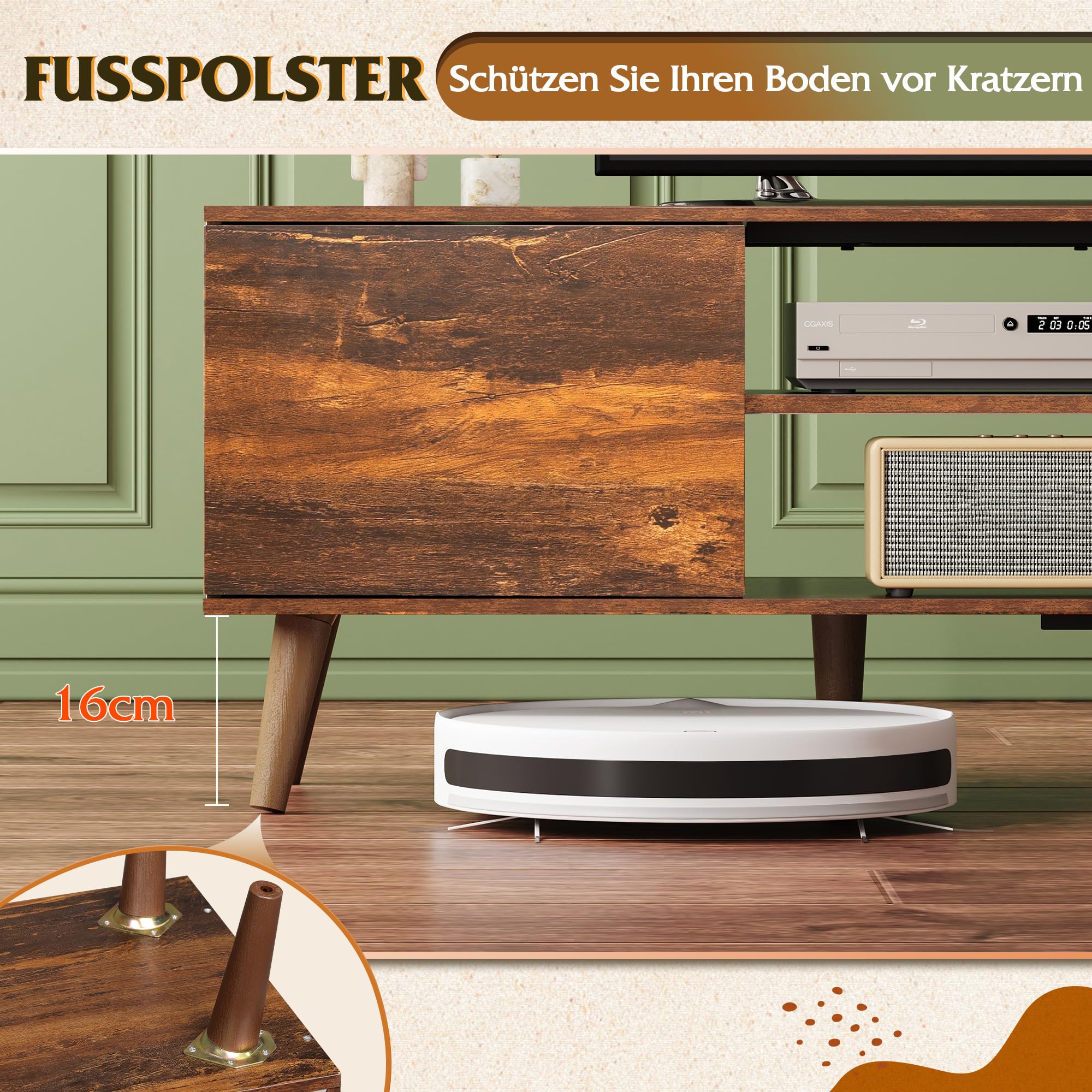 WLIVE TV Schrank 160 cm Lang, Lowboard Holz für Fernseher 60 65 70 Zoll, Fernsehtisch mit 2 Türen, Industrie-Design, TV Cabinet, Vintagebraun-schwarz