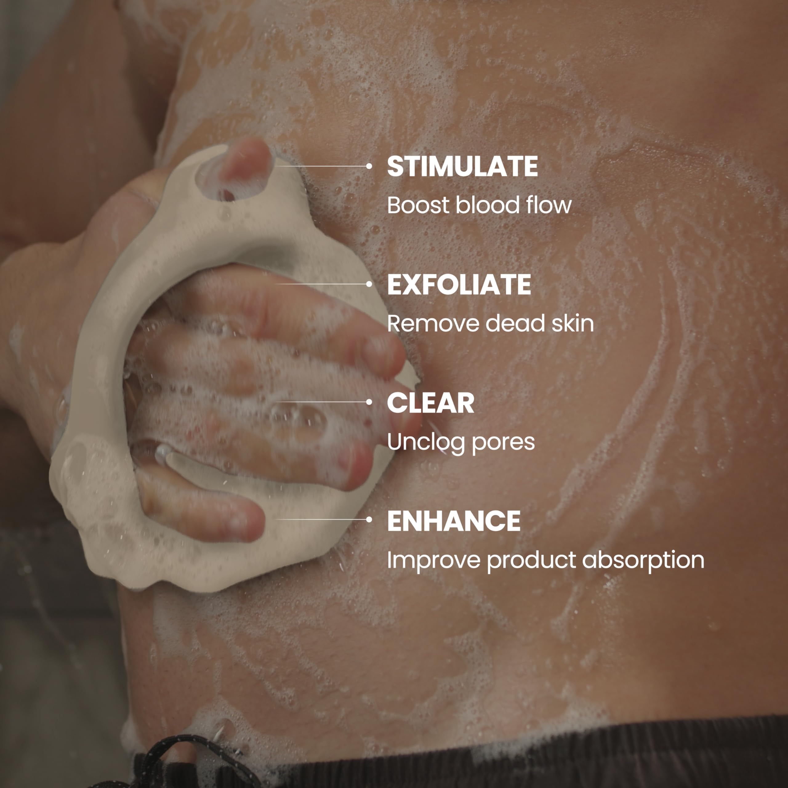 Silicone Body Scrubber - Gentle Exfoliating Body Scrubber - Ergonomic Shower and Bath Brush for Men and Women - Reusable and Food-Grade Silicone Brush for Smooth, Supple Skin, (White Sand)