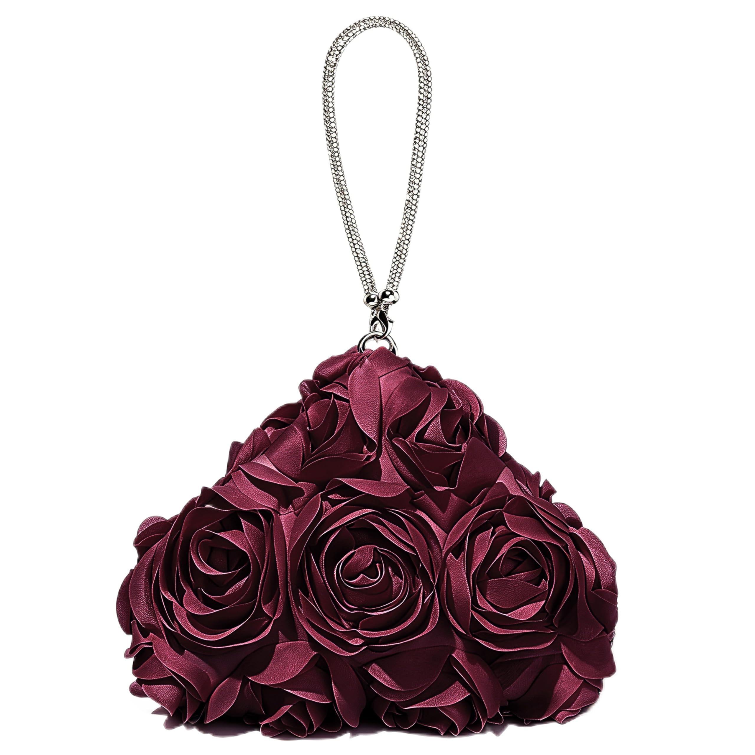 Coucoland Women's 3D Rose Floral Evening Clutch with Rhinestone Handle