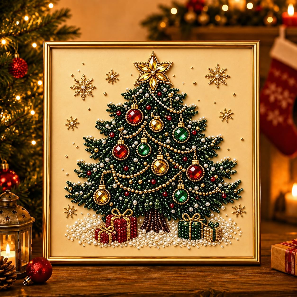 DIY Christmas Pearl Diamond Art Painting Kit with Frame,Christmas Pearl Beads Art Craft for Adults & Beginners,Gemstone Diamond Dots Beads Painting for Home Wall Decor,Beginner DIY Seasonal Party Gift