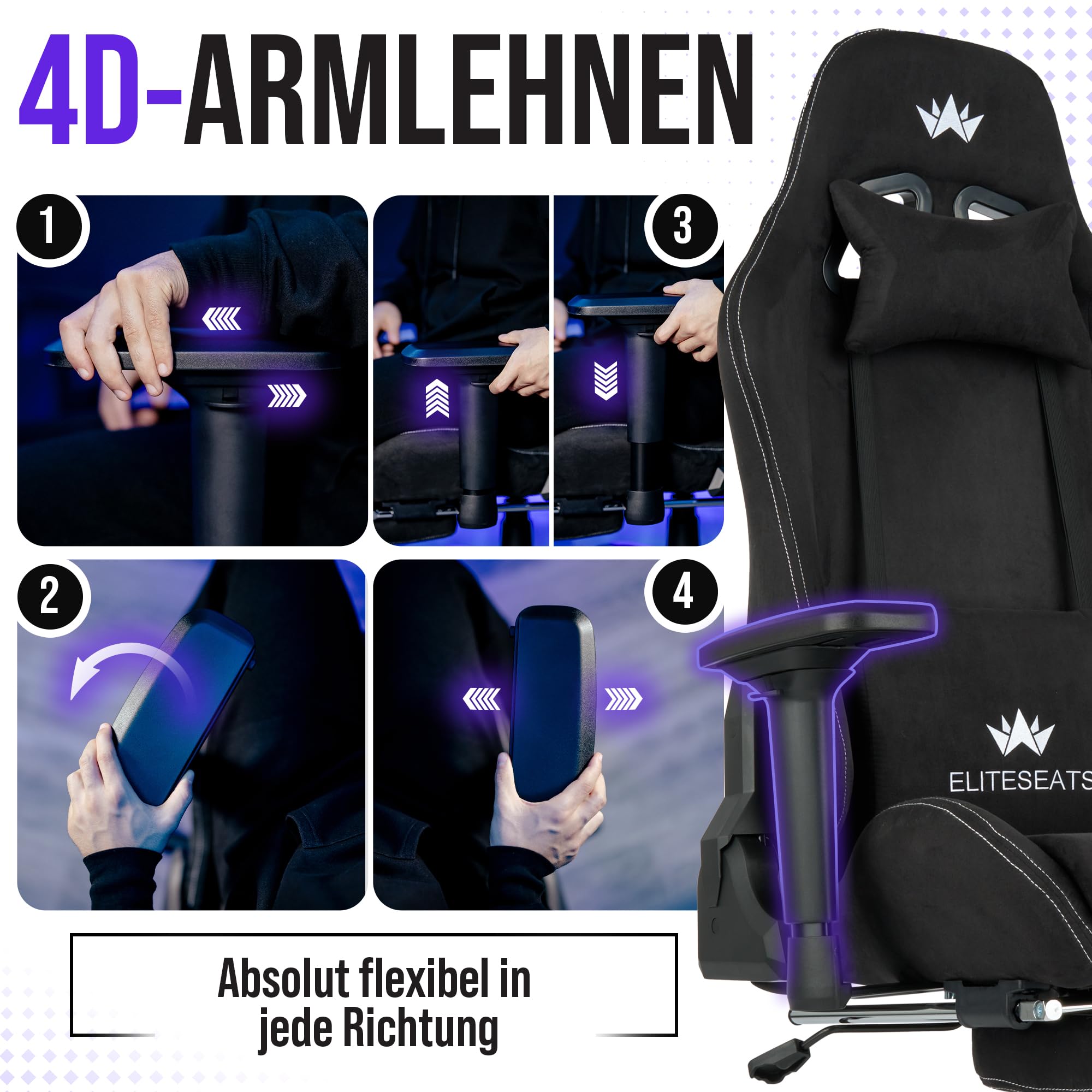 ELITESEATS Gaming Stuhl Ergonomisch TESTSIEGER Kratzerfreie Rollen Atmungsaktiv 4D-Armlehnen Fußstütze 150 kg Belastbarkeit