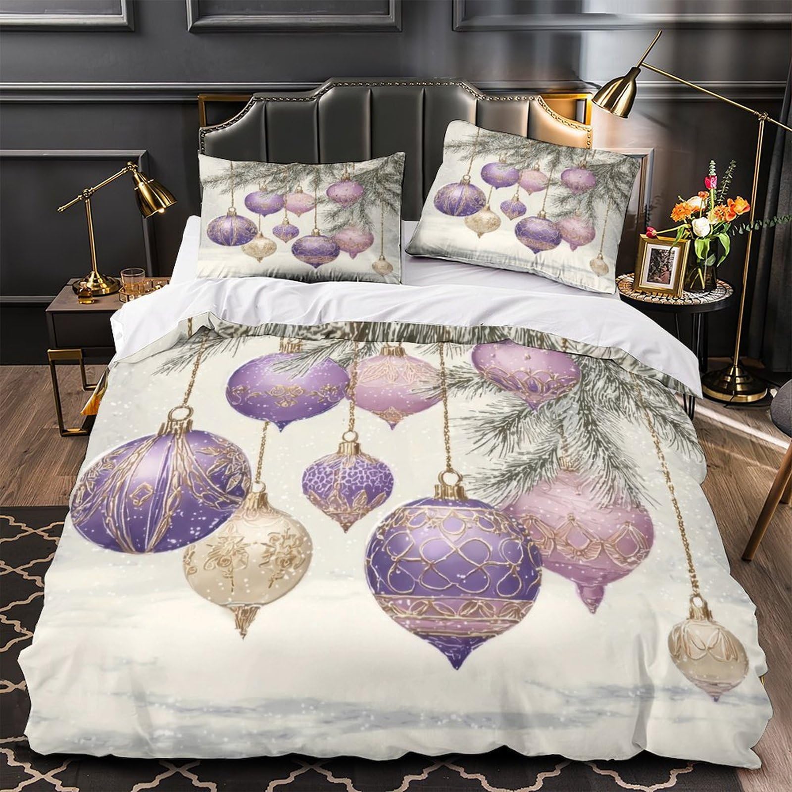 Housse de couette anti-acarien fleurs violettes en microfibre douce pour lit king size 220x240