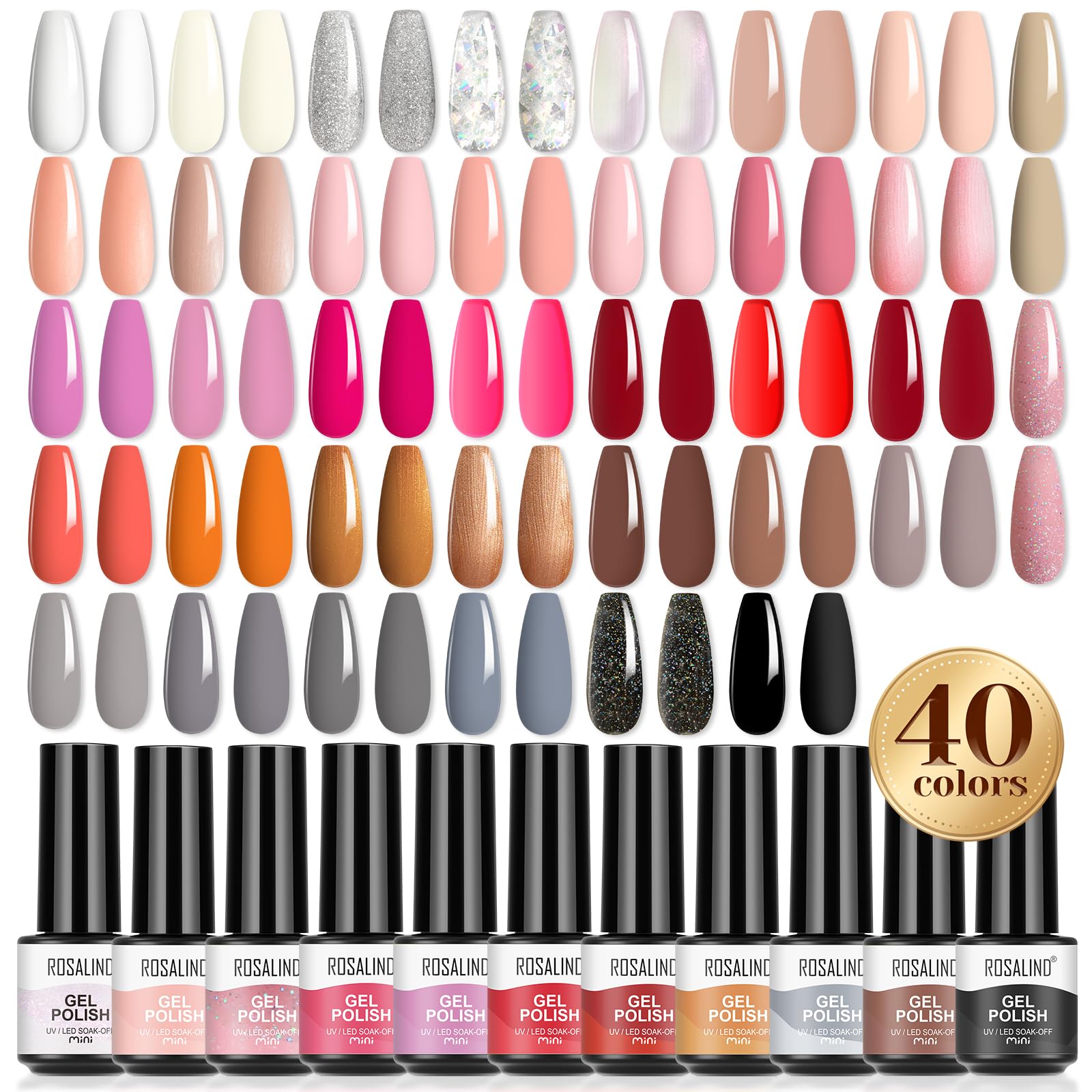 ROSALIND 40 PCS Esmalte Semipermanente, 36 Colores Pintauñas Semipermanentes con Base Coat Top Coat Matte Primer, UV LED Esmalte de Uñas Semipermanentes Blanco Negro Rojo Nude Rosa Gris Marrón Mini