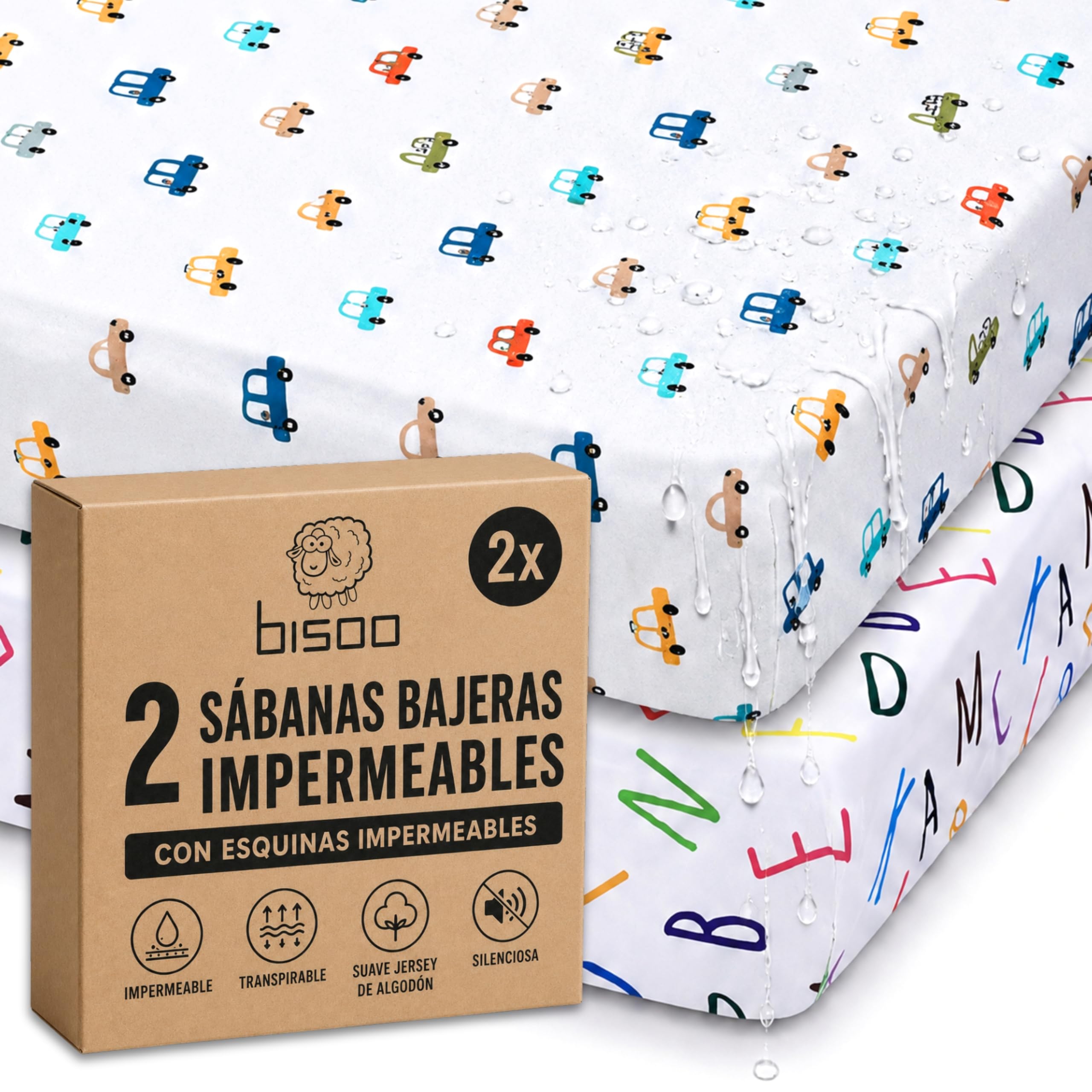 Bisoo, Set de 2 Sabanas Cuna 60x120 - Protector Colchon Cuna 60 x 120 con Esquinas Impermeables - Bajeras Algodon Jersey Impermeables, Certificado OekoTex, Set: Letras + Coches 120x60 cm
