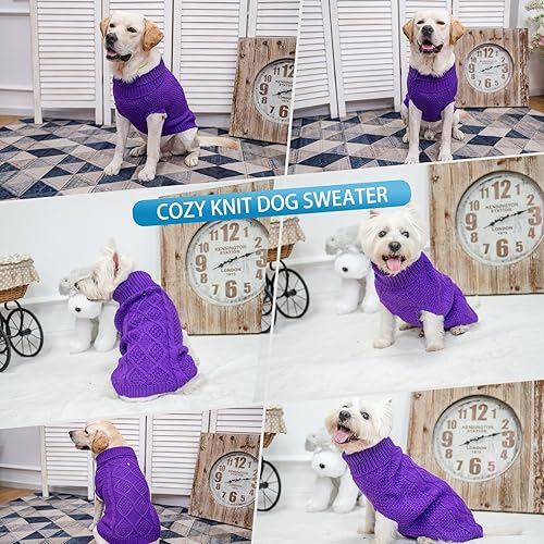 Miniatura 6 de Mihachi Suéter de cuello alto para perro, abrigo de invierno, ropa clásica de punto trenzado con agujero para la correa para clima frío, regalo