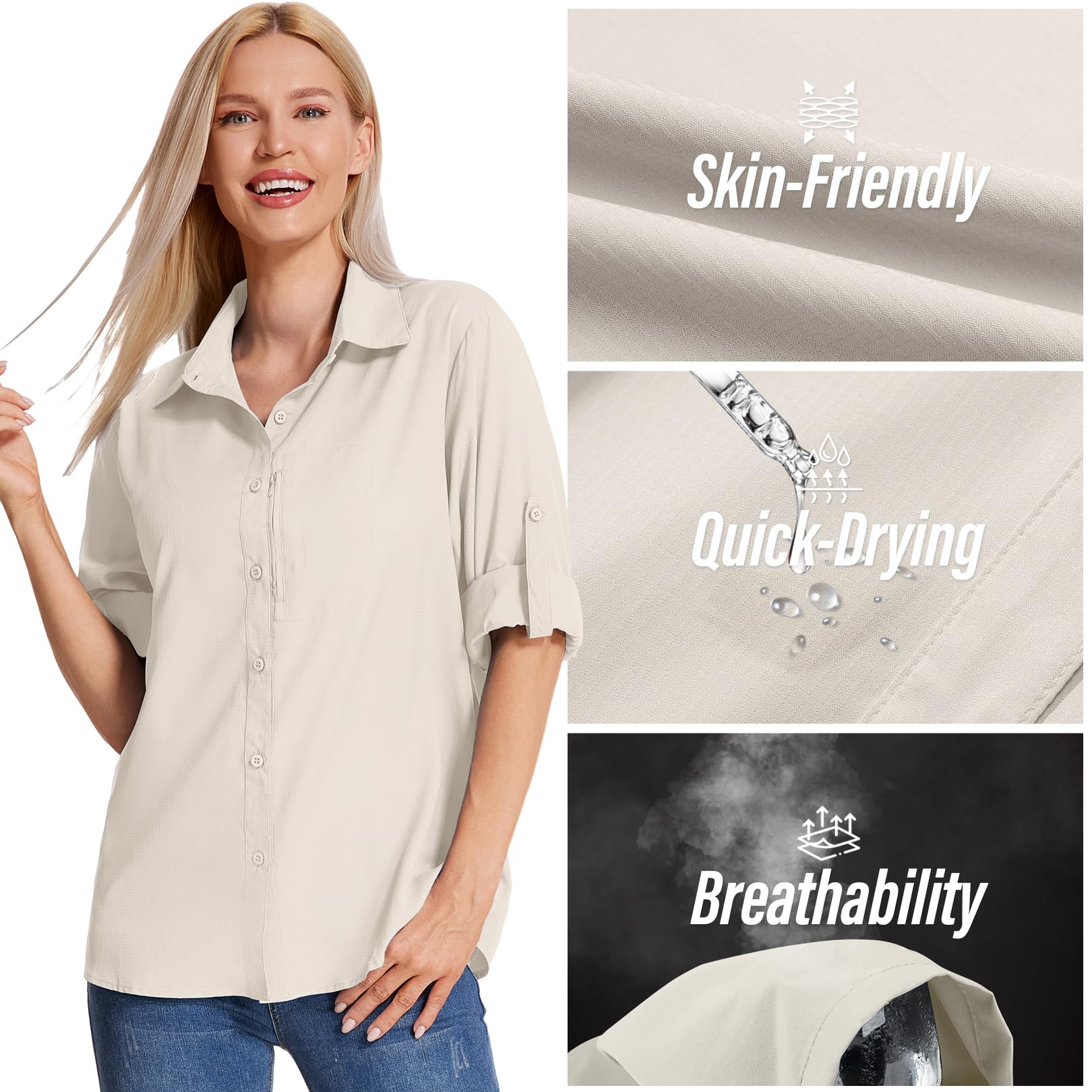 Camisas de senderismo con protección solar para mujer, de manga larga, ligeras, de secado rápido, ropa de safari para viajes, pesca, camisa cargo