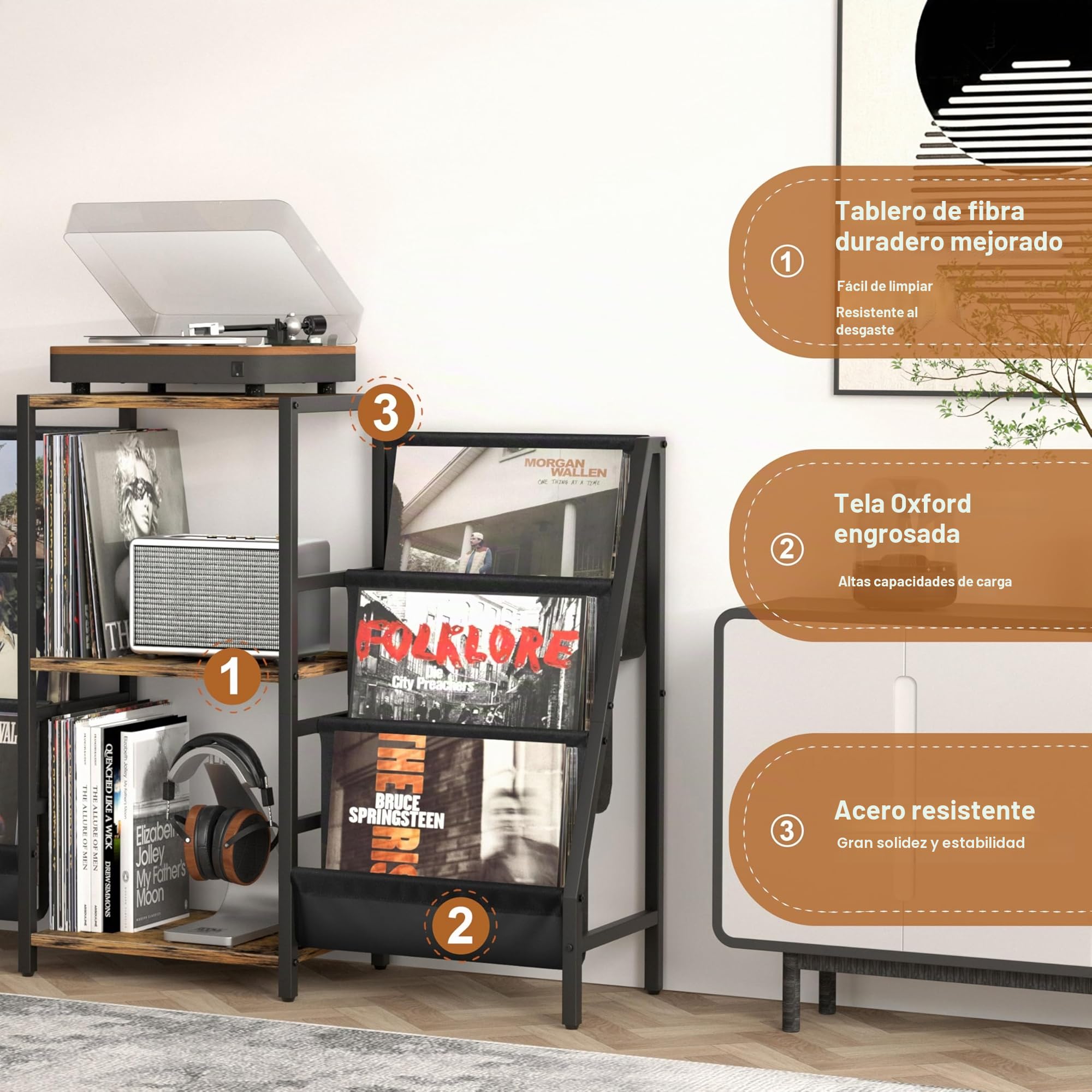 Bikoney Tocadiscos de Vinilo Stand, Mueble Tocadiscos con Almacenamiento de Vinilo hasta 280 Albumes, Giradiscos Estante Soporte Reproductor Vinilo de Almacenamiento de Vinilos Media Estéreo