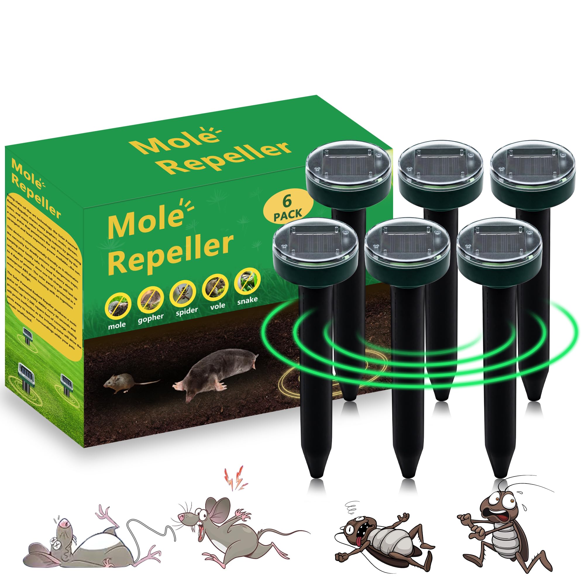 6pk Solar Upgrade Mole Repellent for Lawns Gopher Repellent Ultrasonic Powered Snak Repellent Deterrent Mole Repeller Mole Repellent Outdoor Lawns Yard Garden All Pests Stakes Chaser Sonic Spikes (6)