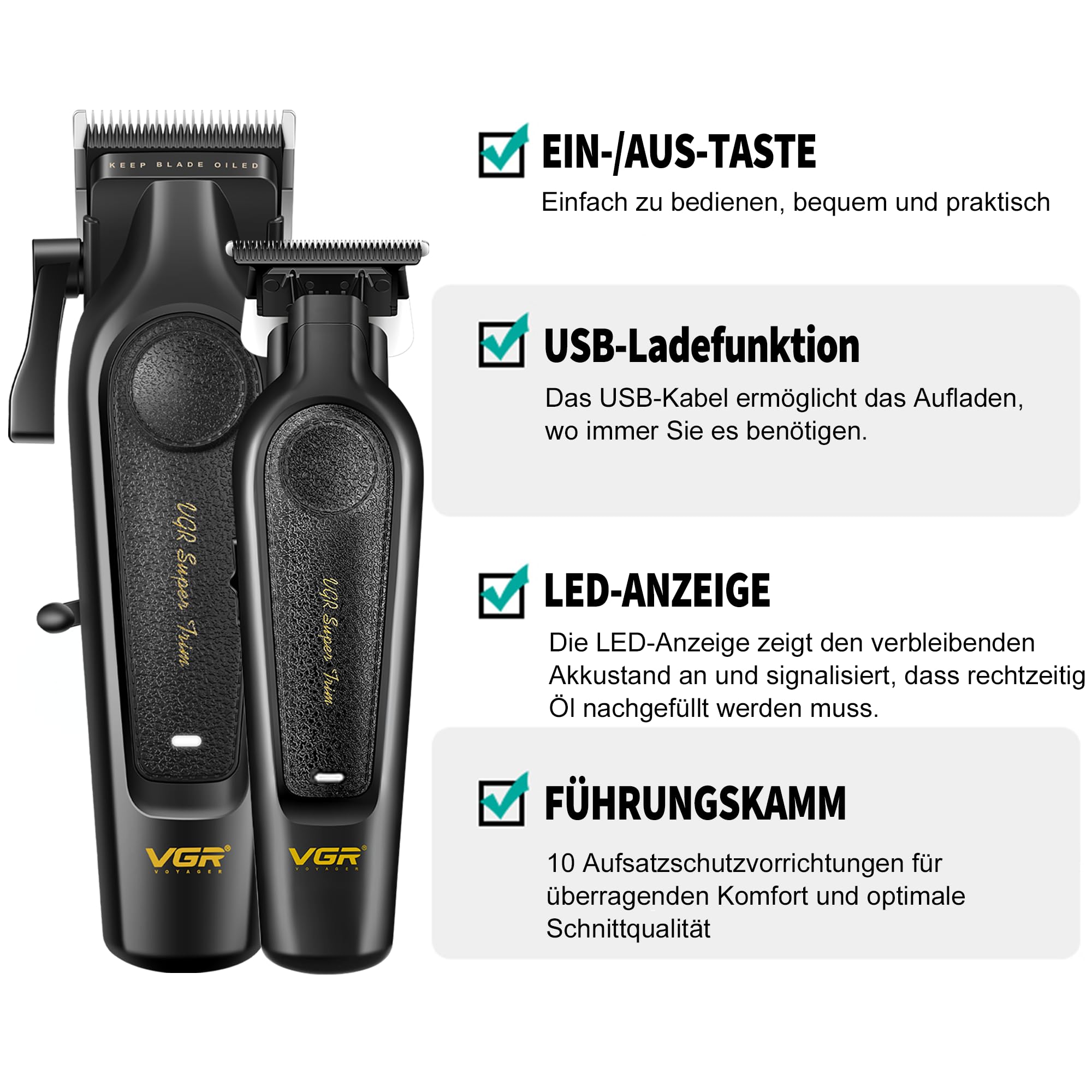 VGR 197 & 995 Profi Haarschneidemaschine Set für Männer Mit 10 Haarkämmen | Kabelloses Haarschneide und Trimmer Set mit Keramikklingen, Harrschneidermaschine Herren Profi mit LED Anzeigeleuchten, Kamm