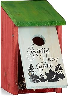 Relaxdays Nesting Box, Small Birds, Tweet Home Print, Wooden, Hanging, Decor, HxWxD: 21.5 x 12 x 15.2 cm, Red-Green, 15.2x12x21.5 cm product image