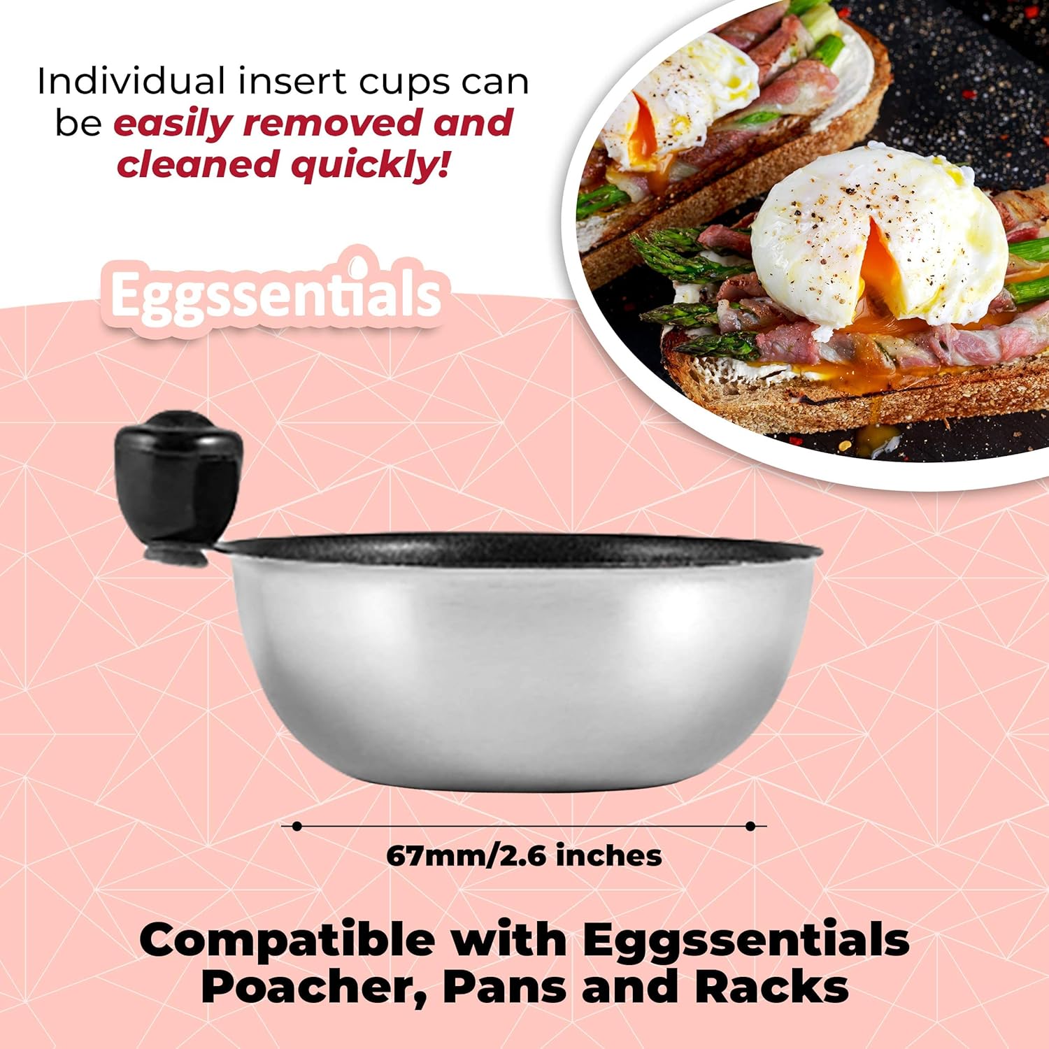 Eggssentials Egg Poacher Insert Stainless Steel Poached Egg Cooker Eggs Poaching Cup PFOA Free Egg Poachers Nonstick, 7.25" Rack Compatible with Skillet Instant Pot Pressure Cooker, 4 Poached Cups