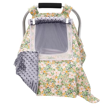 SJEhome Carseat Covers for Babies,Car Seat Warm Windproof Cotton and Fleece Canopy for Newborn Infant Boy Girl Carrier,2 Layers Windows Baby Carrier Cover,Green Flowers