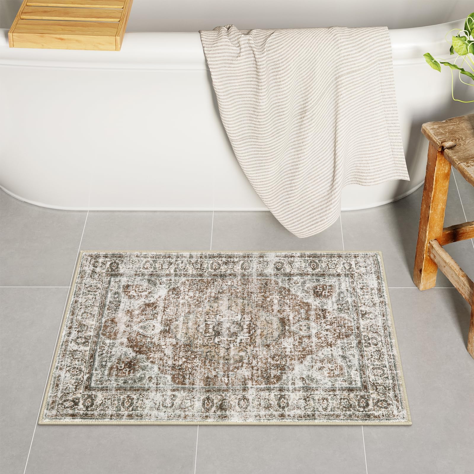 Uphome Boho Bathroom Rugs, Distressed Farmhouse Khaki Bath Mat, Comfy Velvet Small Bath Rugs Non Slip Washable, Vintage Oriental Toilet Rug for Sink Shower Vanity, 18x26 inch