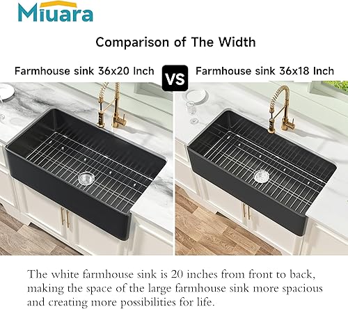 Miniatura 4 de Miuara Fregadero negro de granja de 36 x 20 pulgadas, delantal de arcilla refractaria, fregadero de cocina de montaje inferior, fregadero de cocina