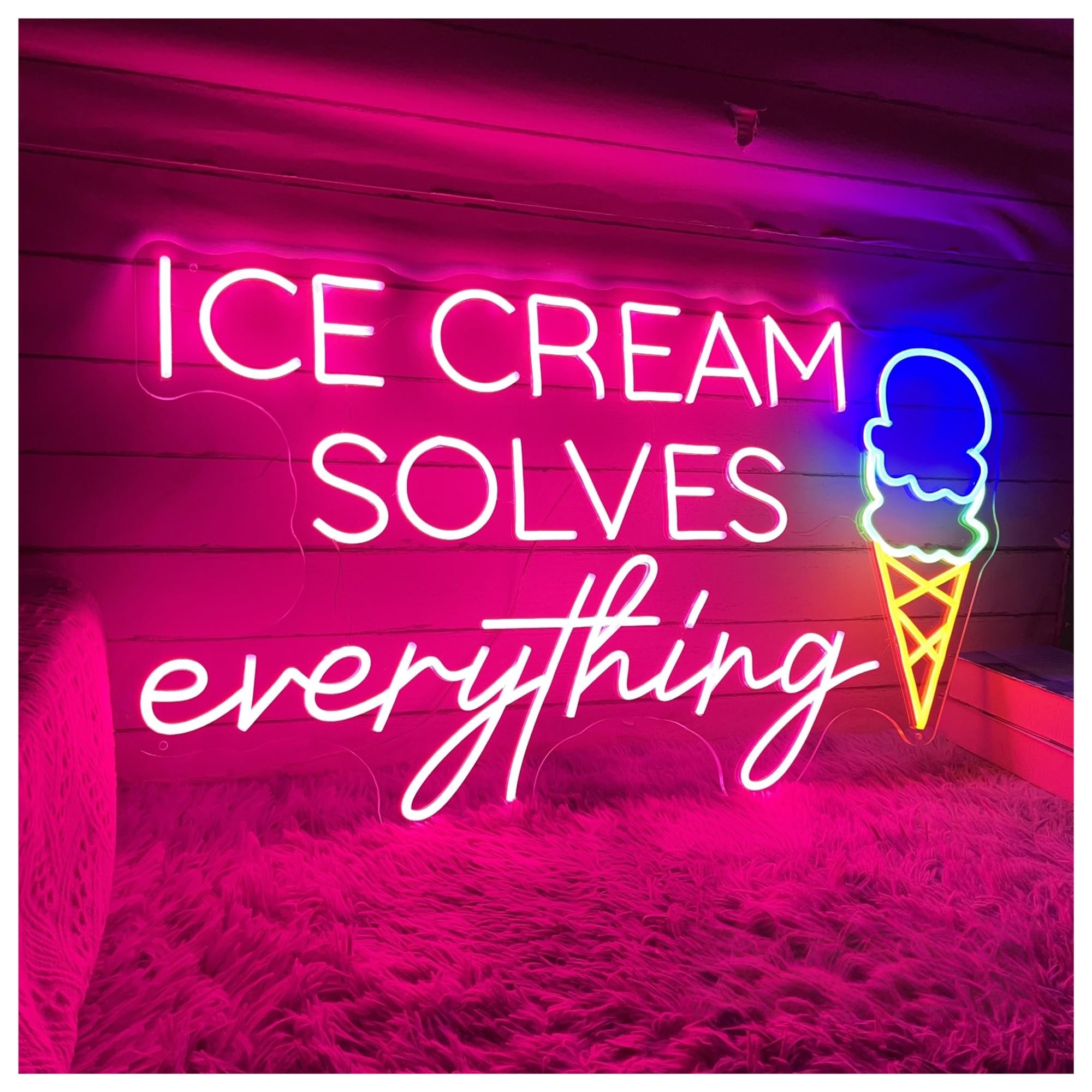néon signe Enseigne Lumineuse Ice Cream Solves Everything, Décoration Murale Pour Café, Yaourt 31cmx55cm(B)