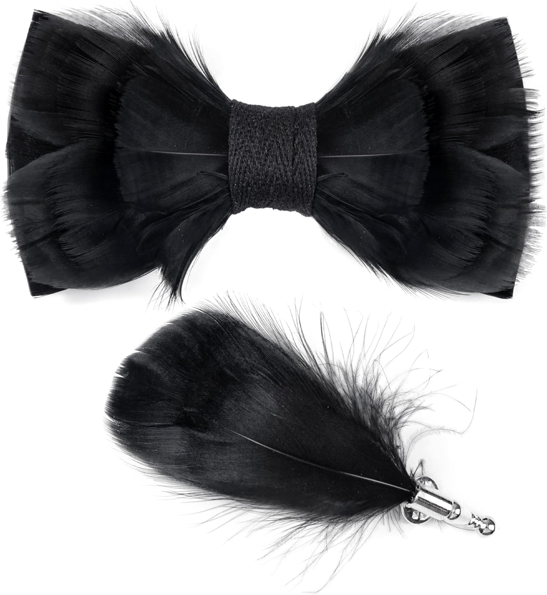 RBOCOTT Solid Color Handmade Feather Pre-tied Bow Tie and Lapel Pin Set for Men