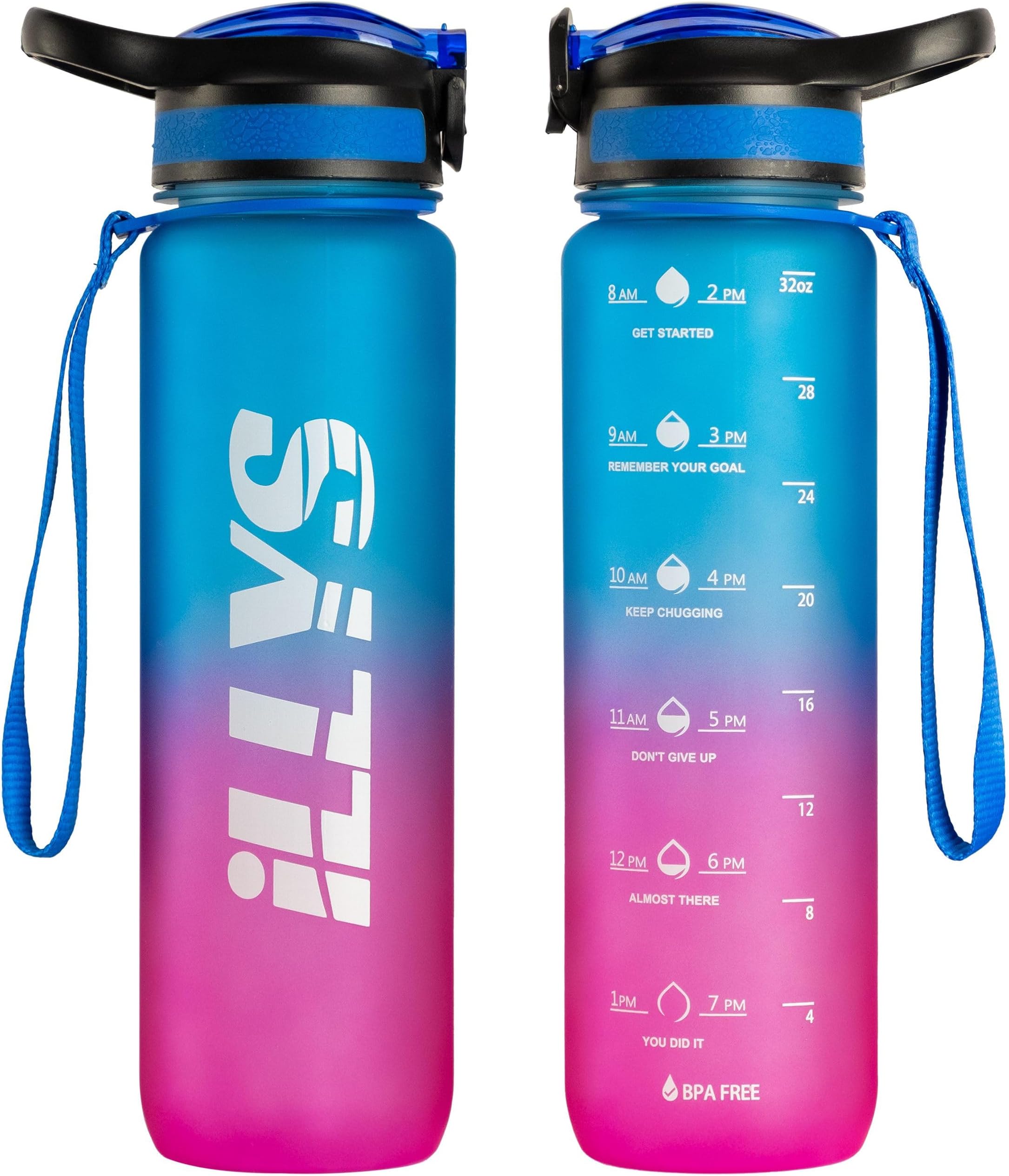 Illys Plastic Water Bottle, 1L / 32oz with Motivational Time Marker (Multi colour)