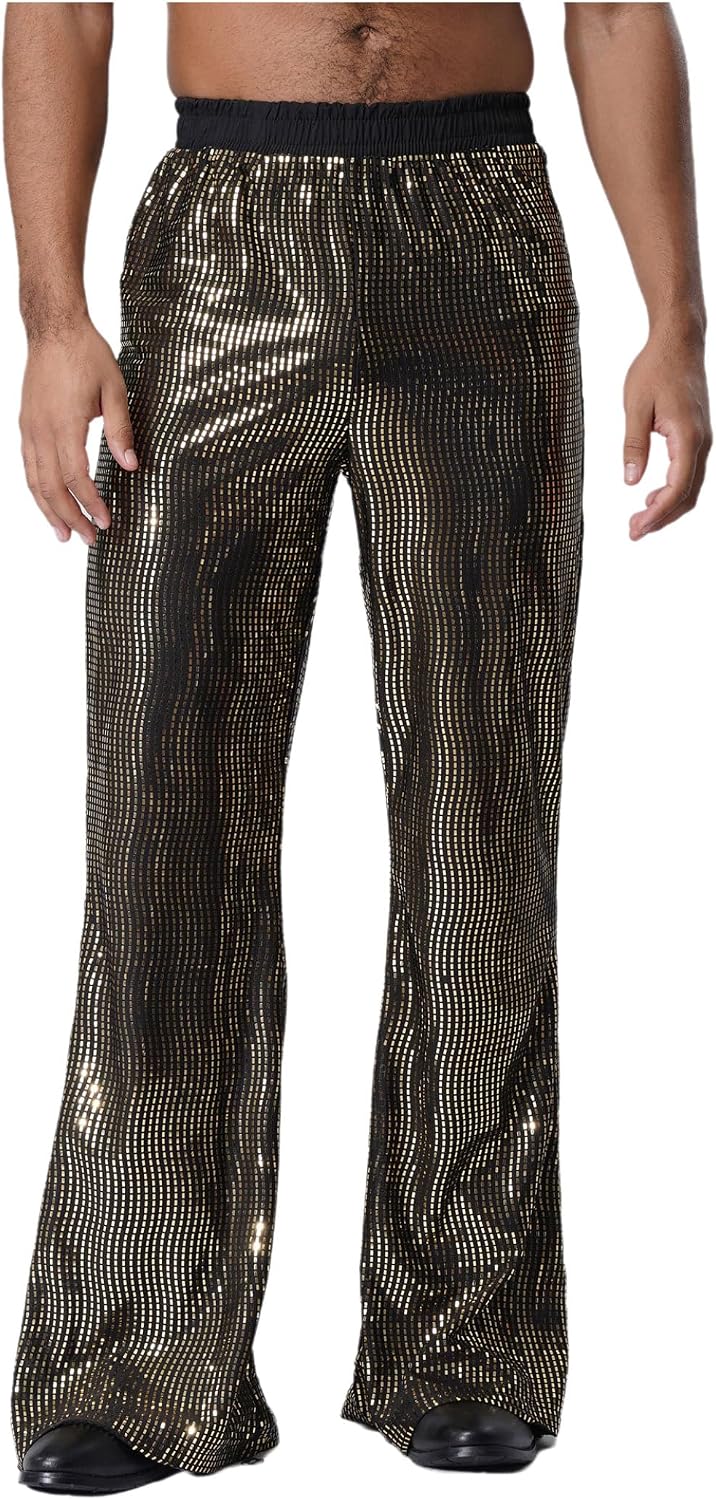 Sywiyi Vintage Pants for Adult Men Halloween Party Dance Outfits Shiny Sequins Bell Bottoms Trousers