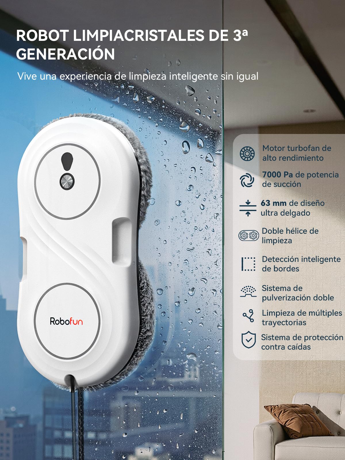 Robot Limpiacristales, Limpia Cristales Eléctrico Ventanas 7000Pa, Doble Sistema de Pulverización, Diseño Ultrafino 63mm, Protección Anticaídas, para Limpieza Automática De Ventanas, WD12D, Blanco