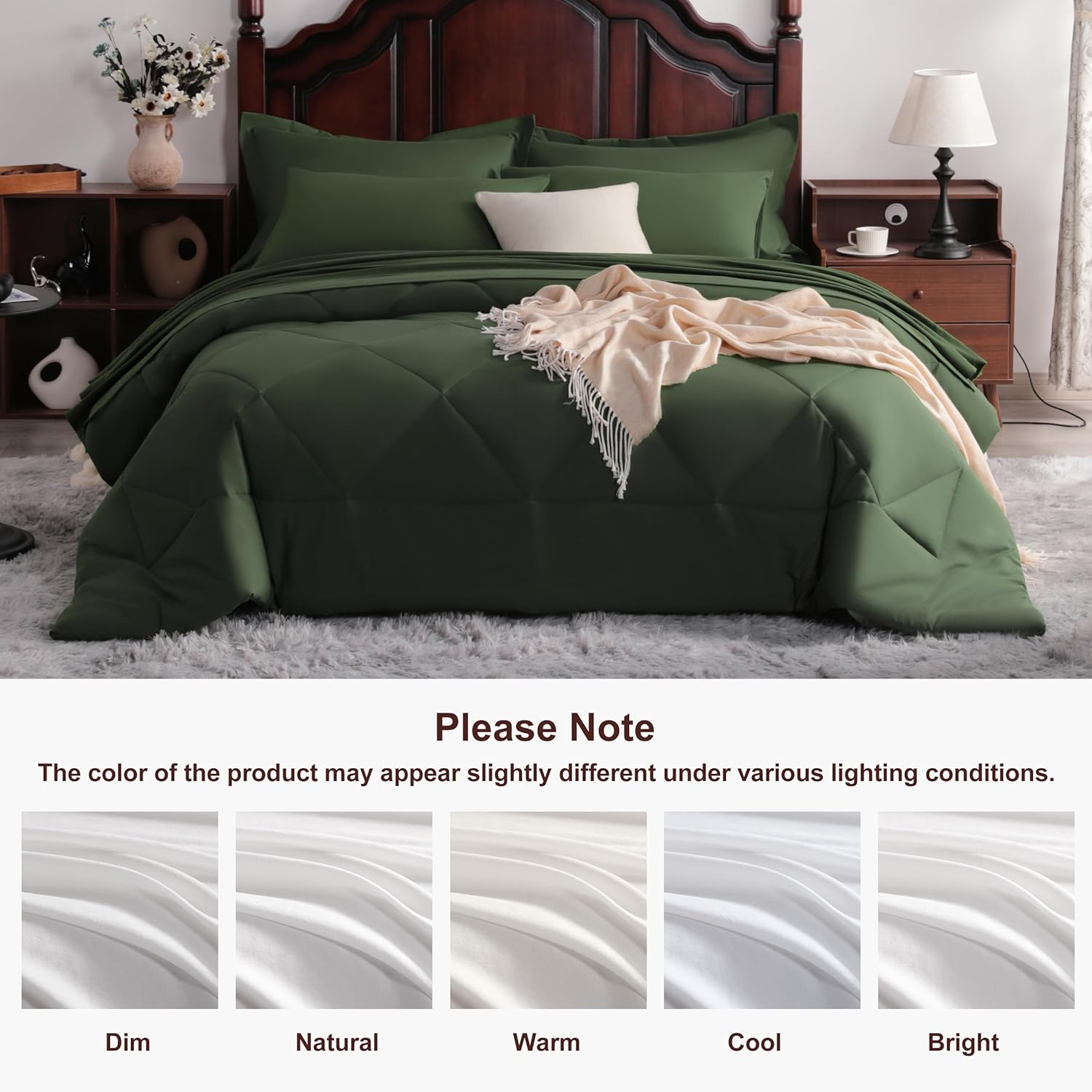 NTBAY Queen Comforter Set with Sheets, 7 Pieces Soft and Breathable Queen Bedding Set, Bed in a Bag, Down Alternative Comforter Set Solid Color All Season, Queen Bedding Set, Olive Green