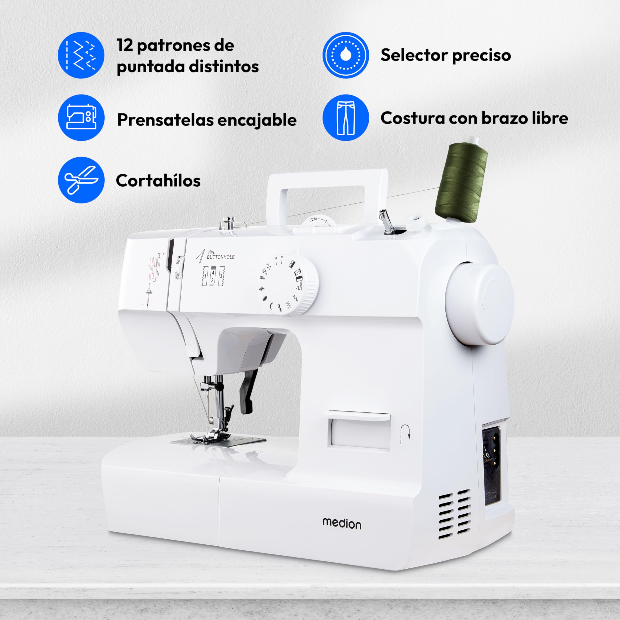 Máquina de coser MEDION SM70 (70 vatios, 12 patrones de puntada diferentes, luz de costura LED, longitud de puntada ajustable, botón de marcha atrás, cortador de hilo, MD11179) blanca | Luz LED de costura, longitud de puntada ajustable, botón de retroceso