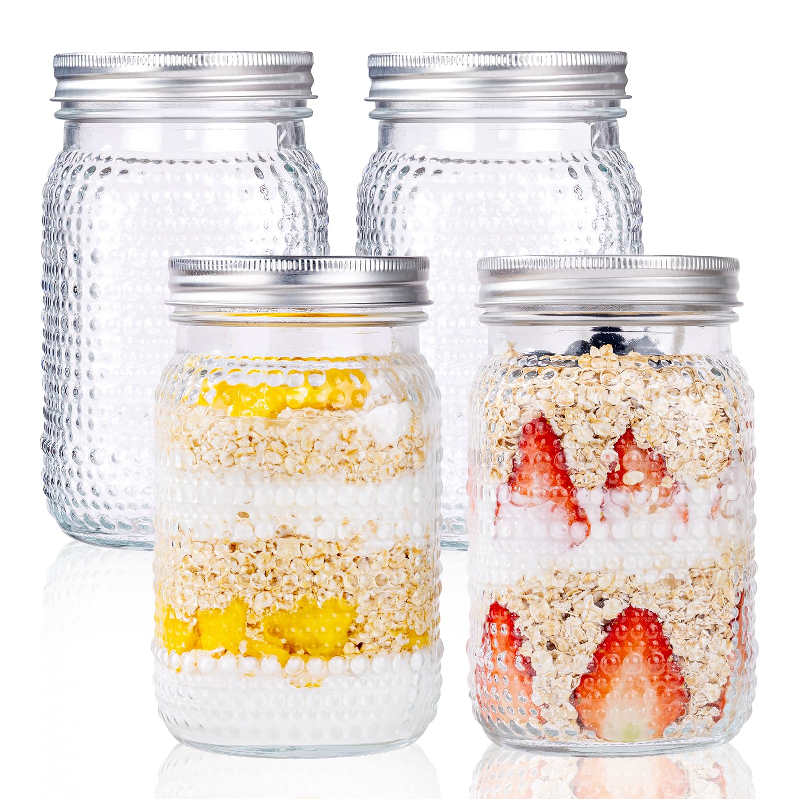 MirthMood - Tarros Mason de boca ancha de 32 onzas, paquete de 4 tarros de vidrio con tapas herméticas, tarros de cuarto de galón de boca ancha para conservar, preparación de comidas, avena nocturna
