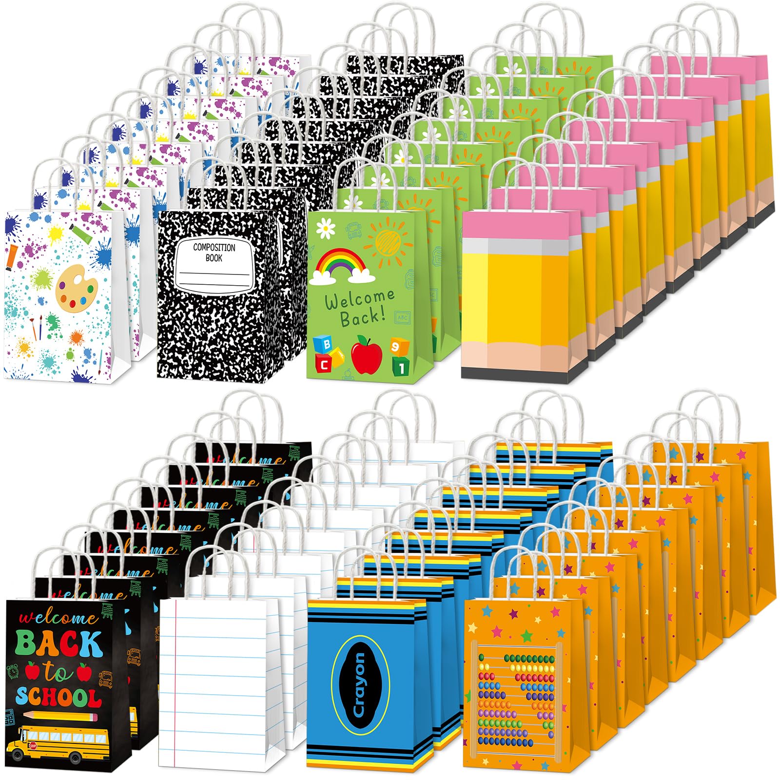 64 sacchetti regalo per il ritorno a scuola Bulk Primo giorno di scuola sacchetti di carta per matite pastello composizione notebook caramelle Goodie Bag apprezzamento insegnante bomboniera per il