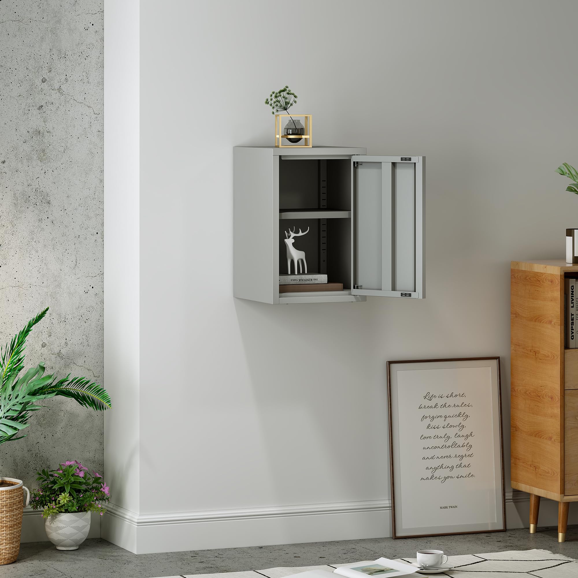 [en.casa] Mobiletto a Muro con Anta Armadietto Pensile a Parete con Ripiano Regolabile in Altezza Mobile in Acciaio per Bagno Ingresso Ufficio 50x33x35 cm - Grigio
