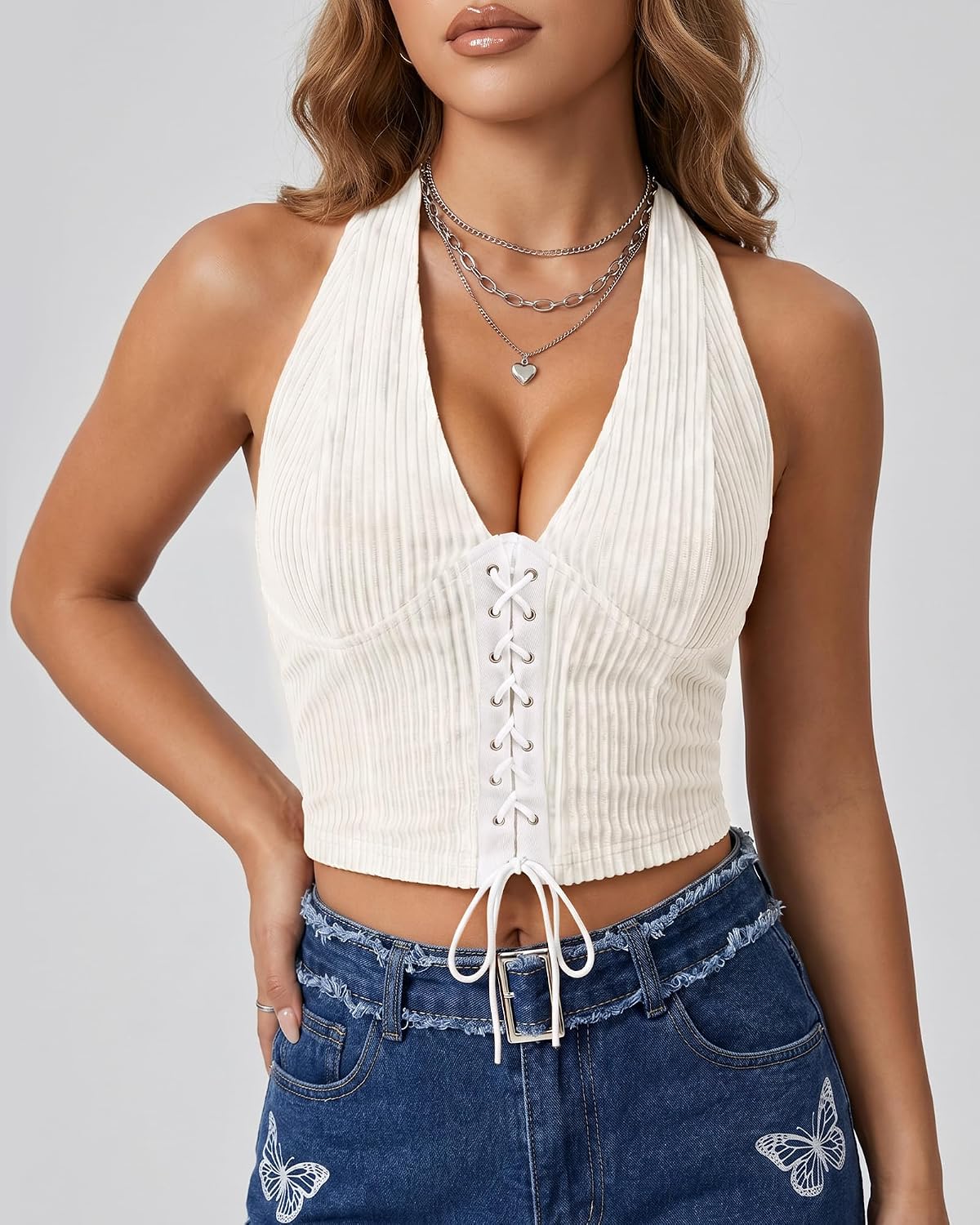 Women's Velvet Halter Top Corduroy Texture V Neck Backless Tie Front Bodycon Spaghetti Strap Country Concert Top