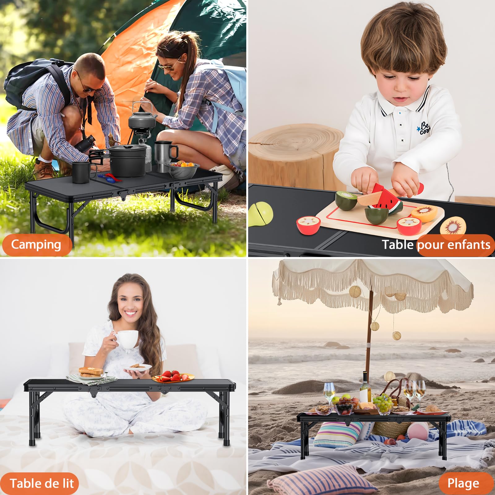 FUNYKICH Table de Camping Pliante Basse de 0,9 m avec Sac de Transport, Table de Pique-Nique Portable, Table de Plage légère et épaisse pour Plage, Camping‎ Noir 87 * 40 * 26.2cm