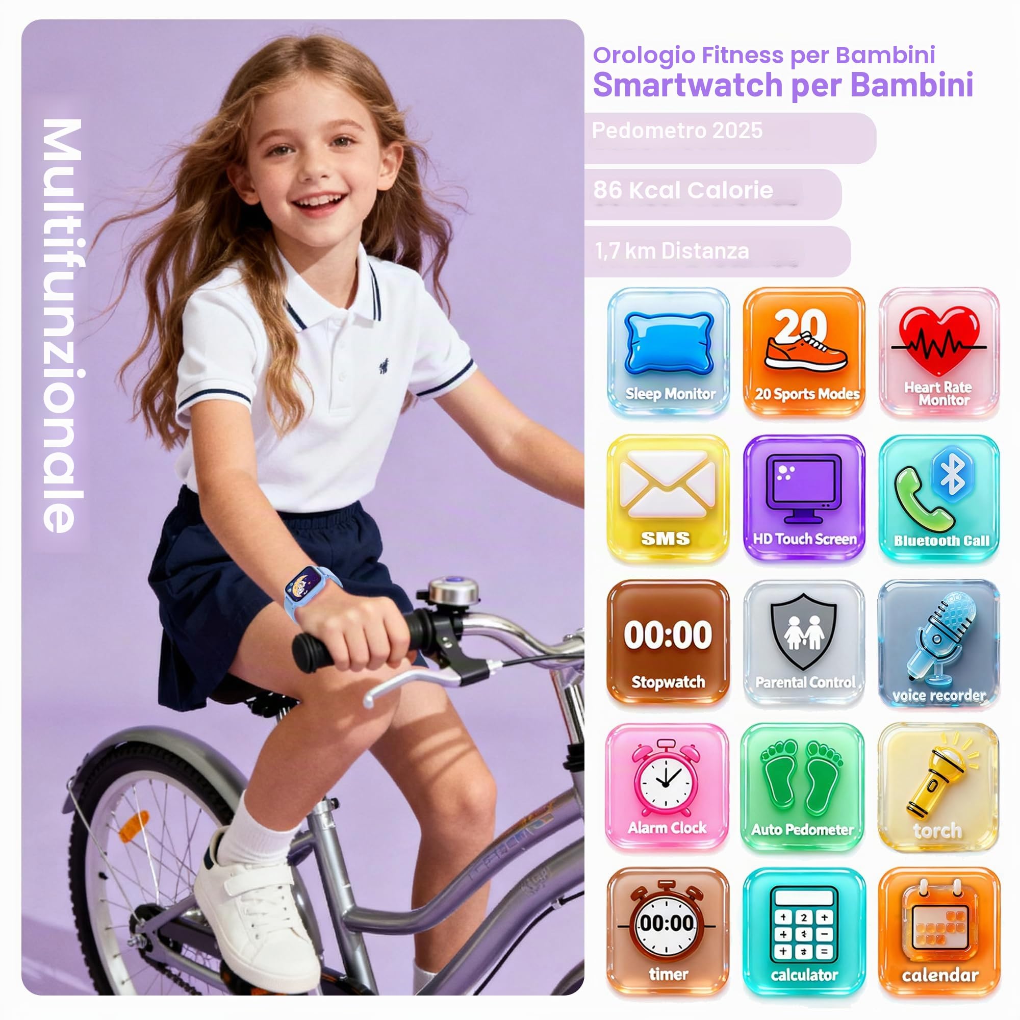 Smart Watch per bambini per ragazzi e ragazze, orologio per ragazze IP68 con oltre 20 modalità sportive, tracker fitness per bambini da 1,8 pollici con cardiofrequenzimetro del sonno, 14 giochi, passo