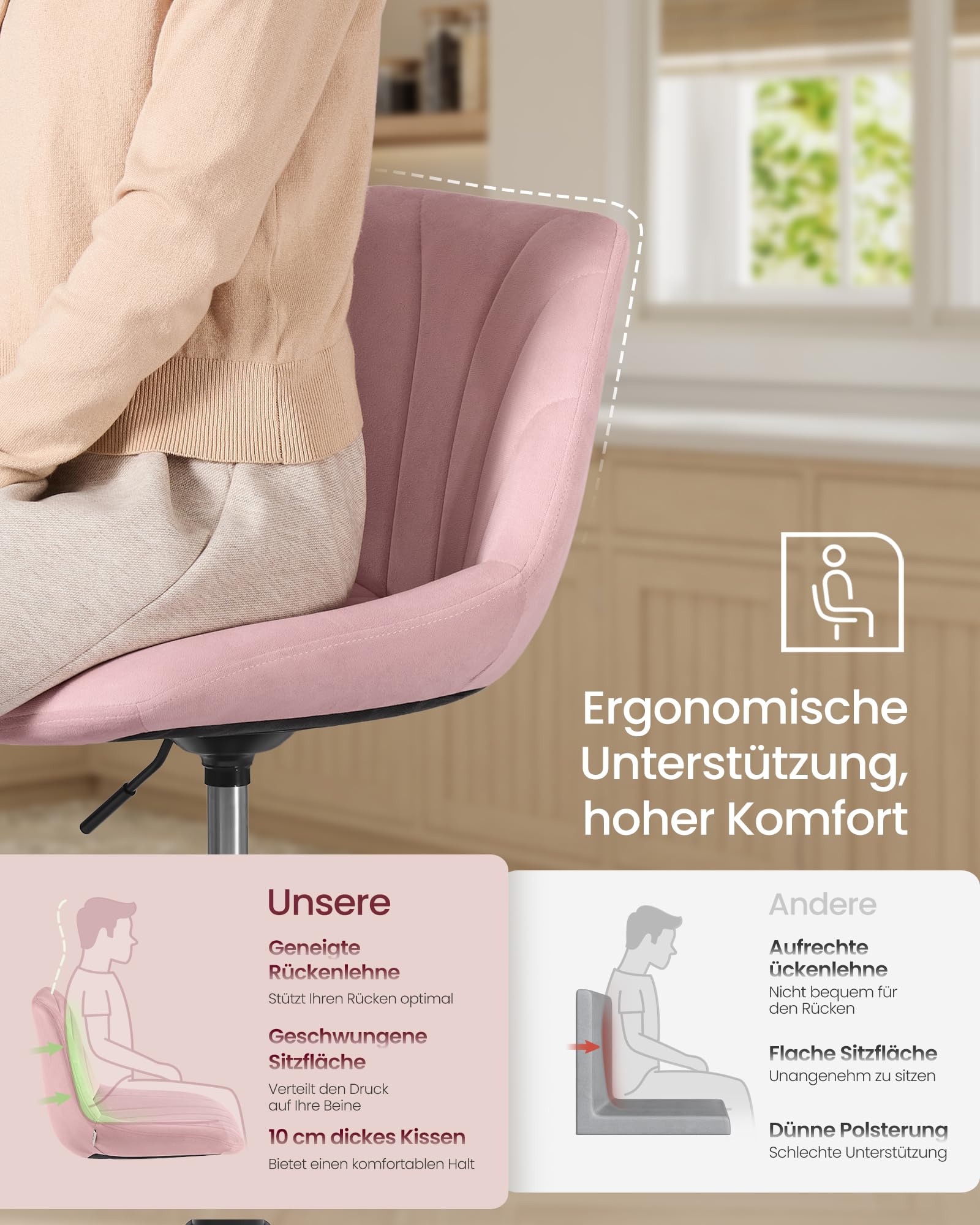 Moderner, um 360° drehbarer Schminkstuhl, Make-up-Hocker für Schlafzimmer und Wohnzimmer, stilvolles Design mit niedriger Rückenlehne, perfekt für Make-up-Raum und Eingangsbereich (Farbe