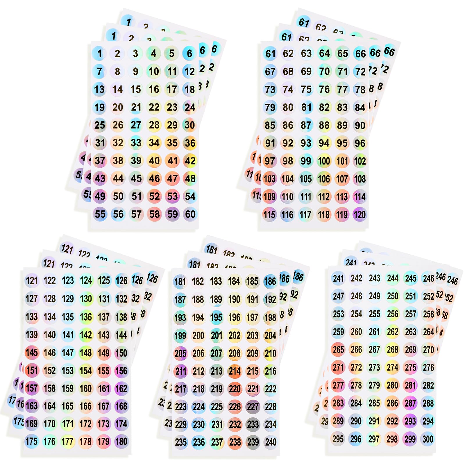 simarro Calcomanías autoadhesivas con números (número 1-300), 15 hojas redondas de números impermeables, calcomanías láser para inventario, etiquetas adhesivas para la escuela y la oficina